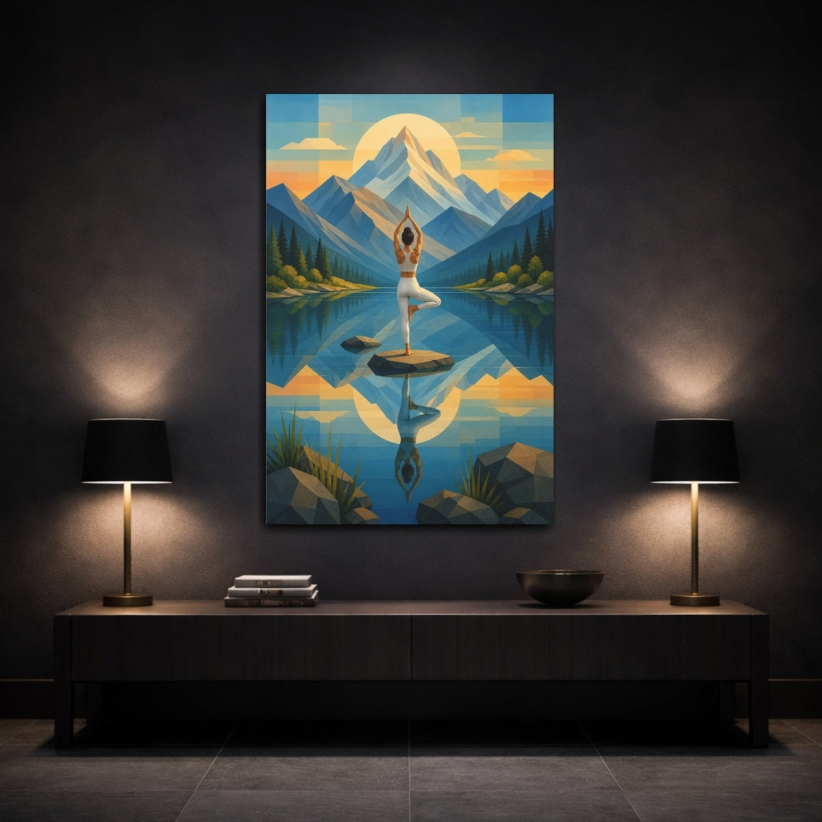 Mountain Yoga Balance Canvas Print – Studio, Main Wall, Blue And Gold - YesArtYes