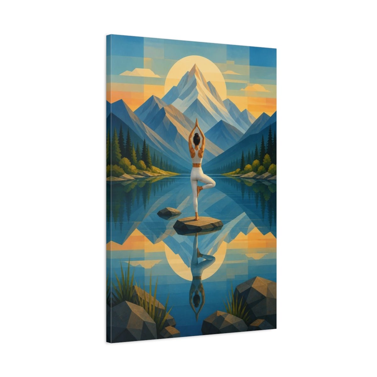 Mountain Yoga Balance Canvas Print – Studio, Main Wall, Blue And Gold - YesArtYes