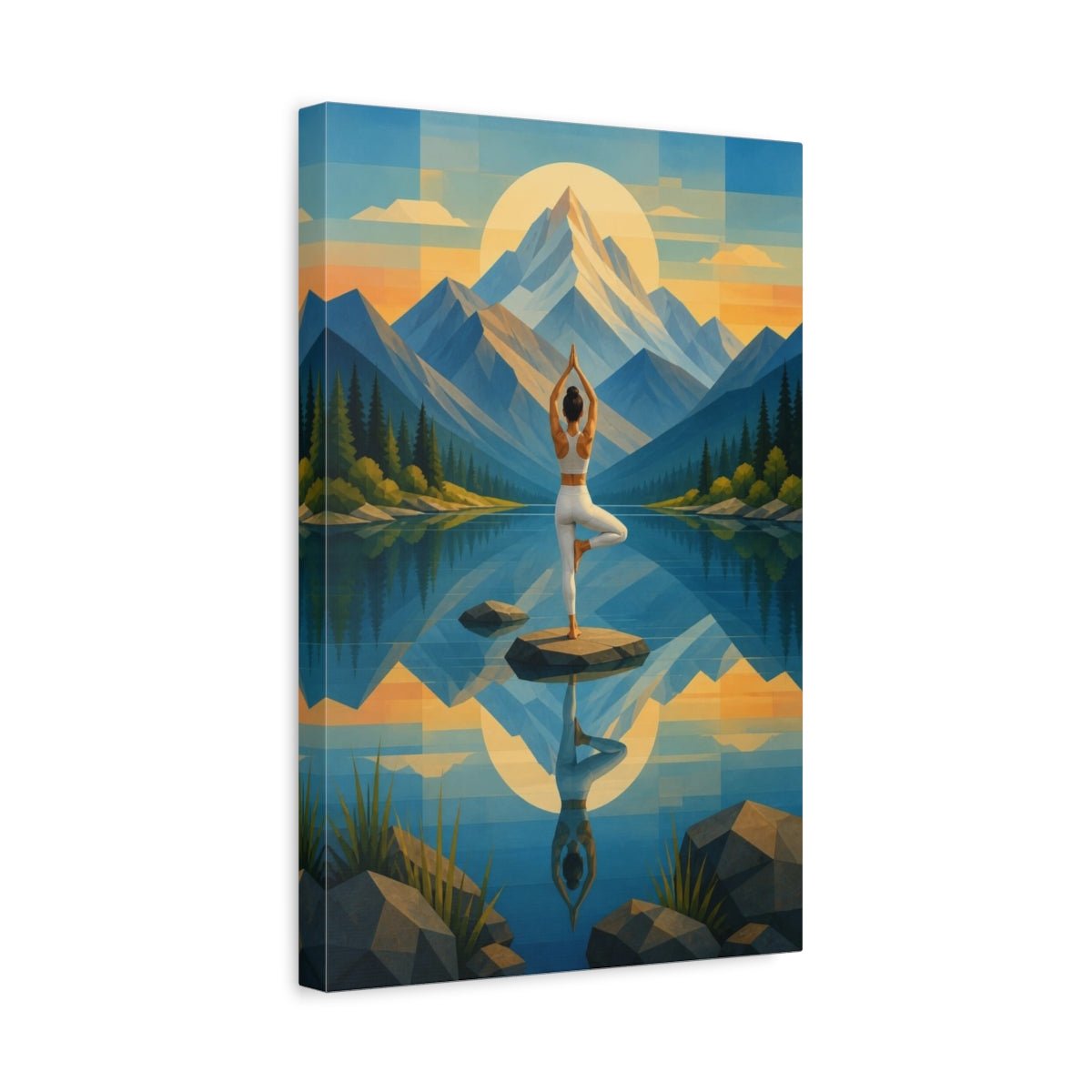 Mountain Yoga Balance Canvas Print – Studio, Main Wall, Blue And Gold - YesArtYes