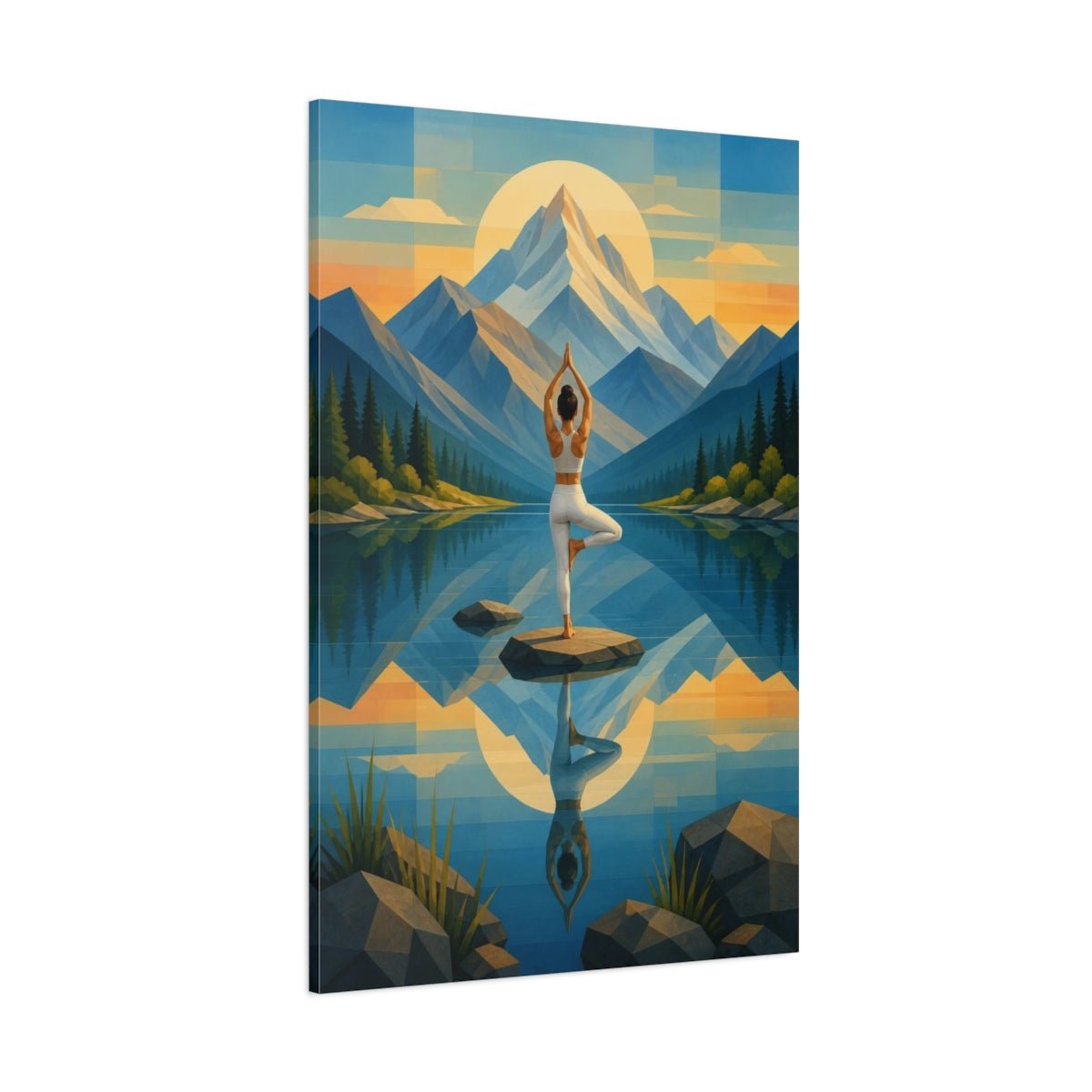 Mountain Yoga Balance Canvas Print – Studio, Main Wall, Blue And Gold - YesArtYes