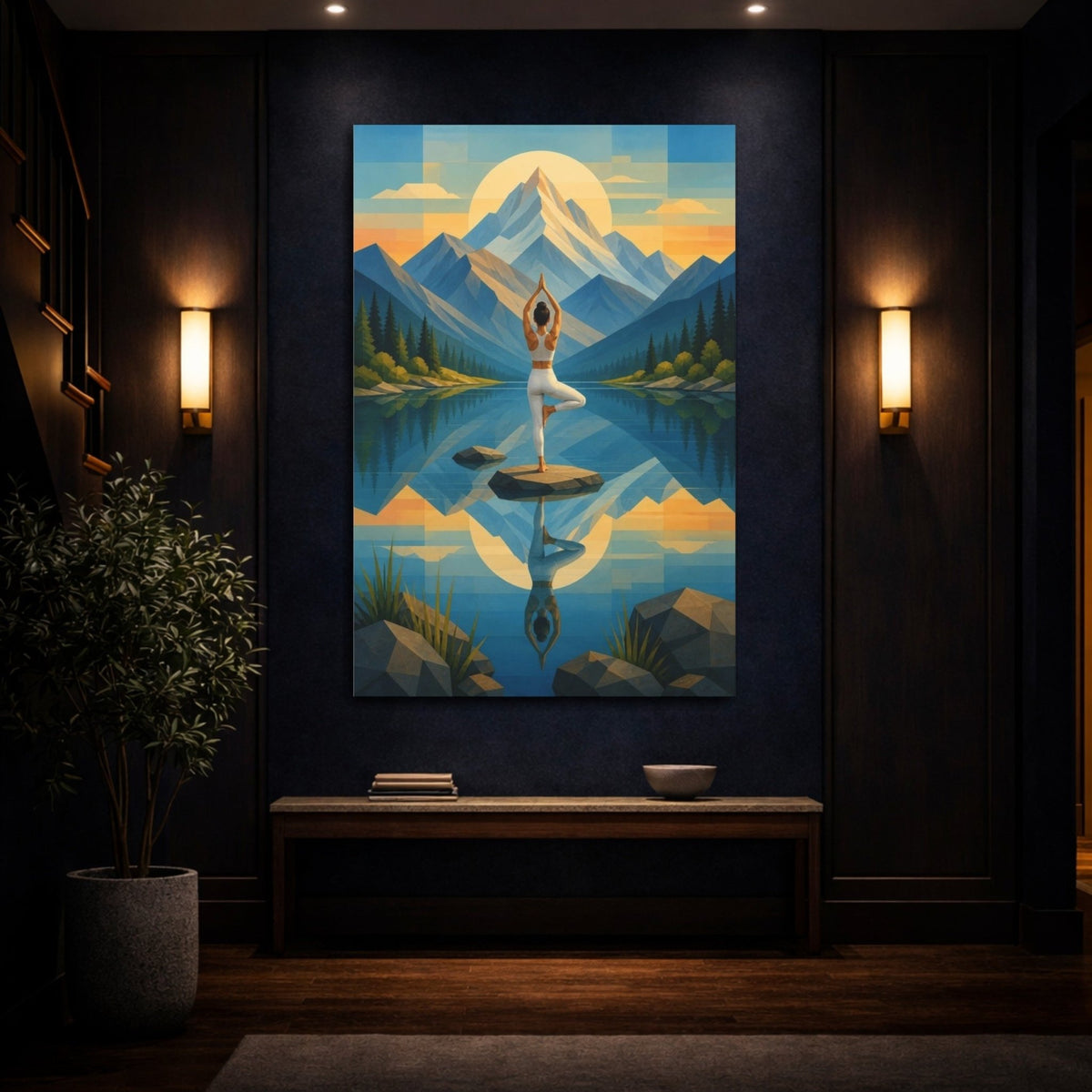 Mountain Yoga Balance Canvas Print – Studio, Main Wall, Blue And Gold - YesArtYes