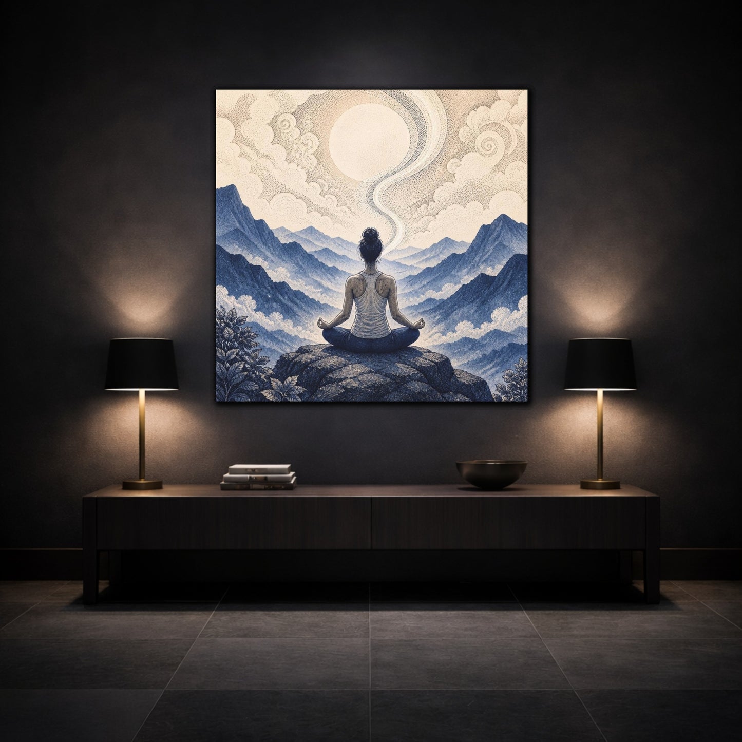 Mockup 3. Mountain Yoga Meditation shown as canvas print