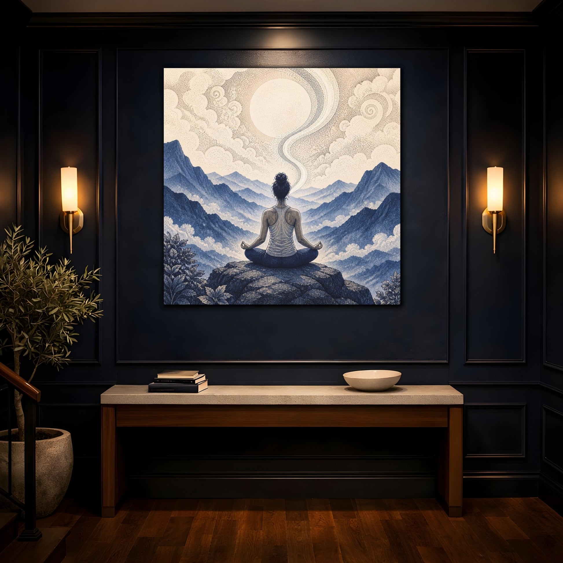 Mockup 4. Mountain Yoga Meditation shown as canvas print