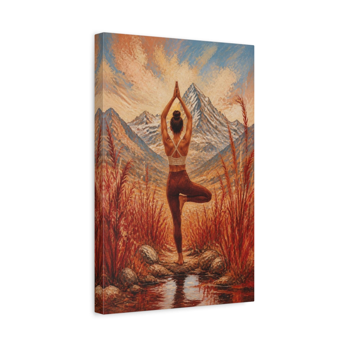 Side Mockup 4. Mountain Yoga Tree Pose shown as canvas print