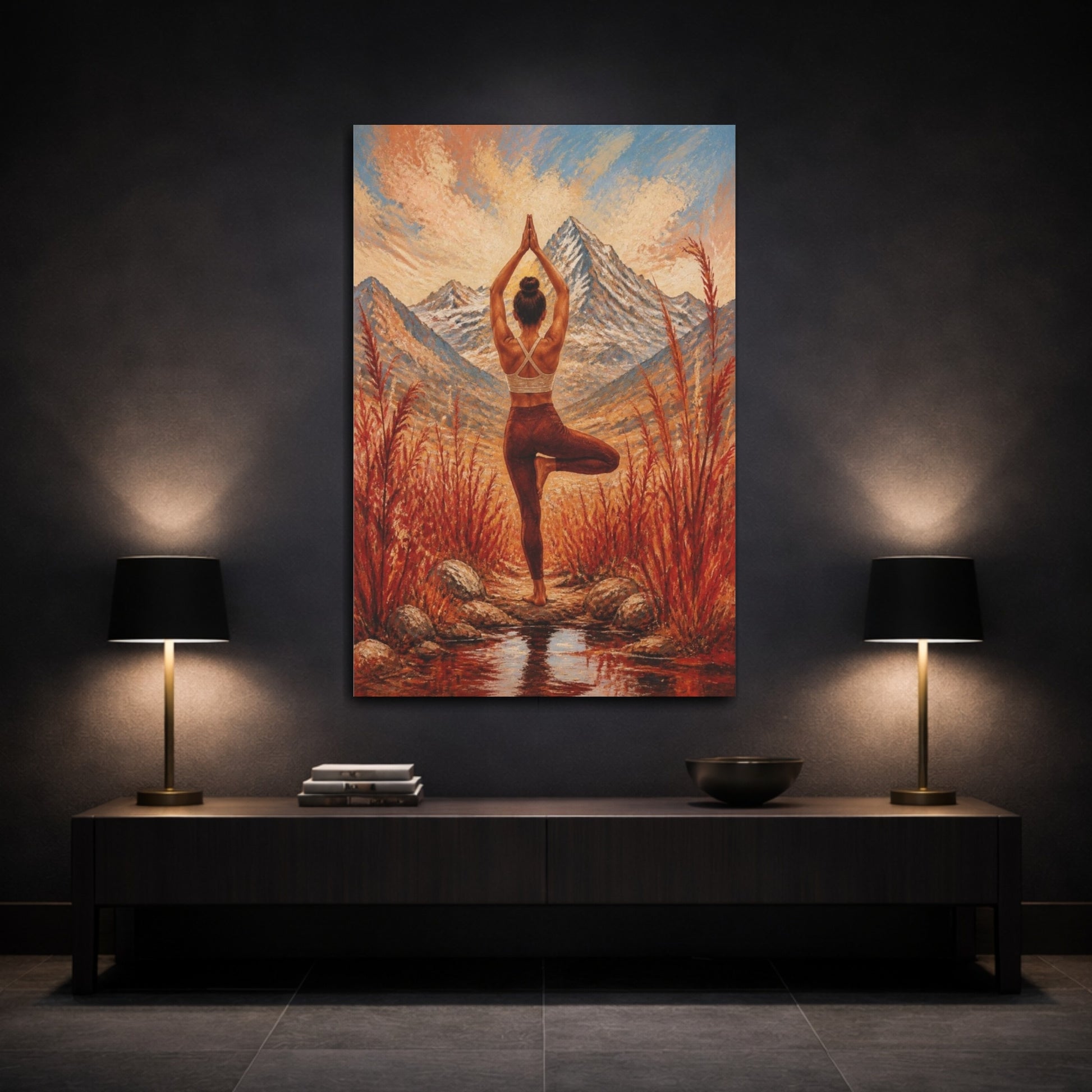 Mockup 3. Mountain Yoga Tree Pose shown as canvas print