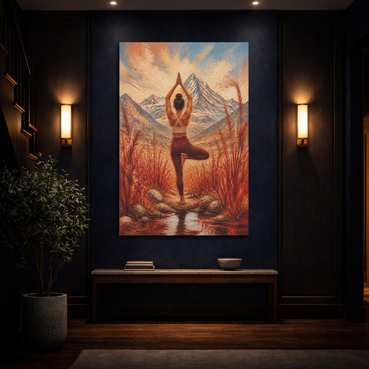 Mockup 4. Mountain Yoga Tree Pose shown as canvas print