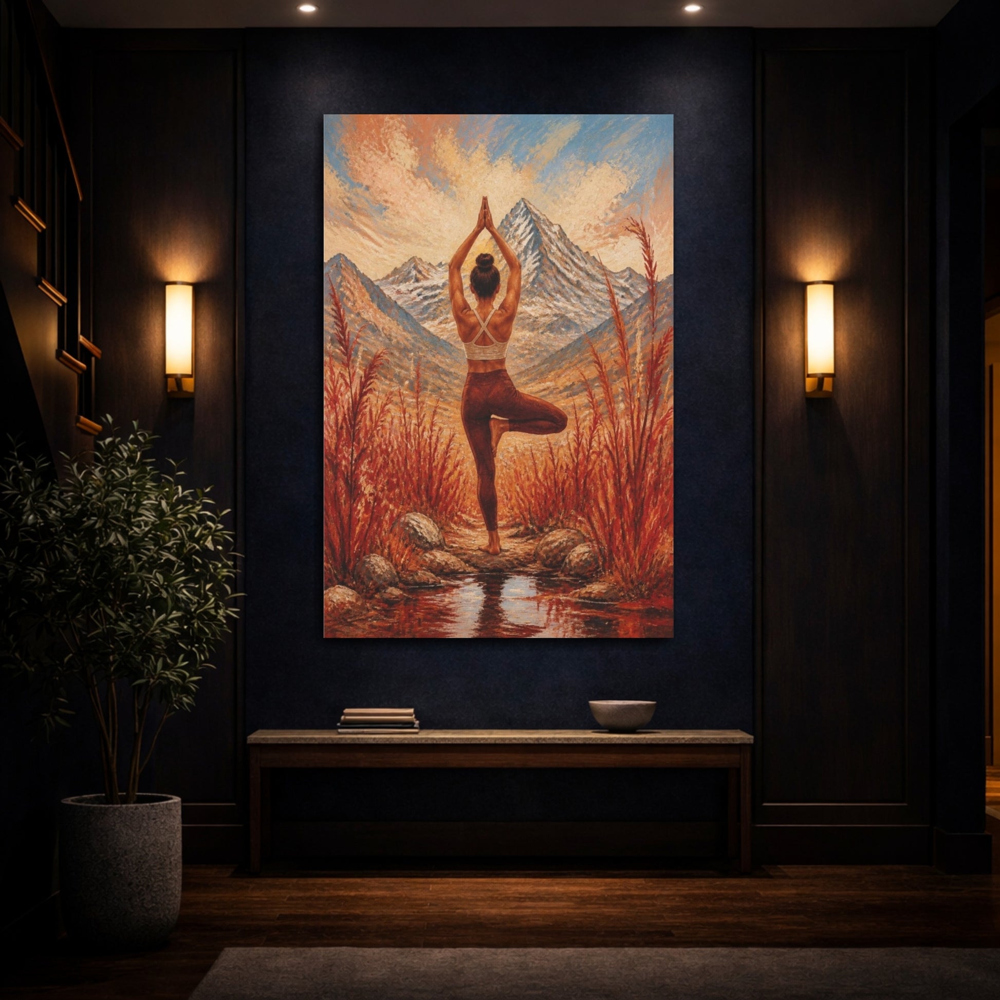 Mockup 4. Mountain Yoga Tree Pose shown as canvas print