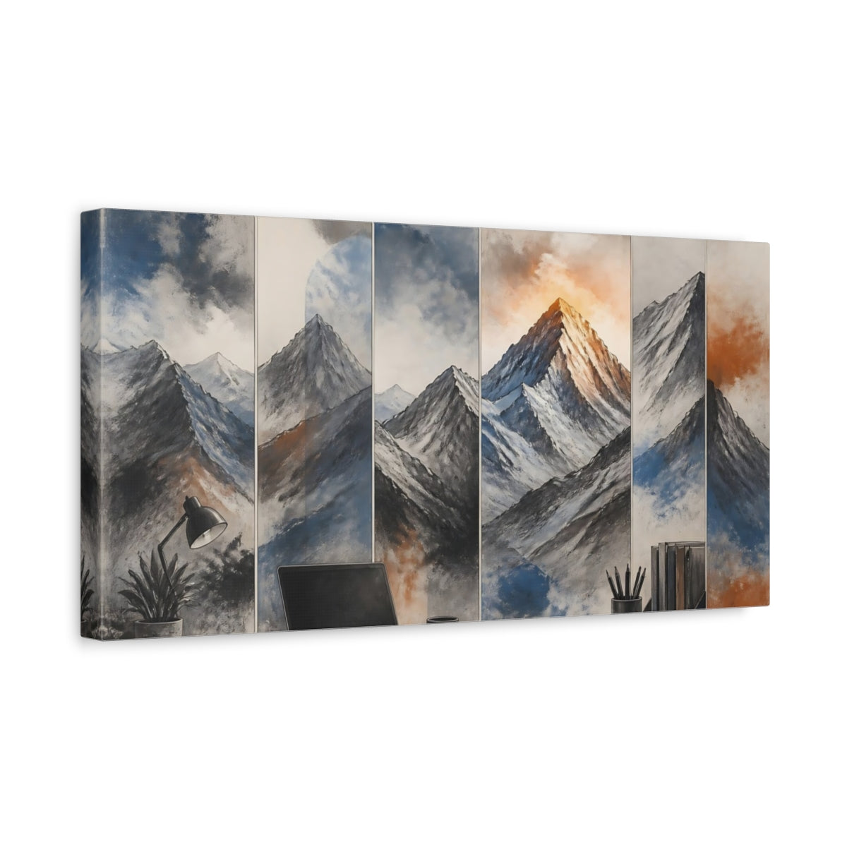 Side Mockup 3. Mountains Beyond Desk shown as canvas print