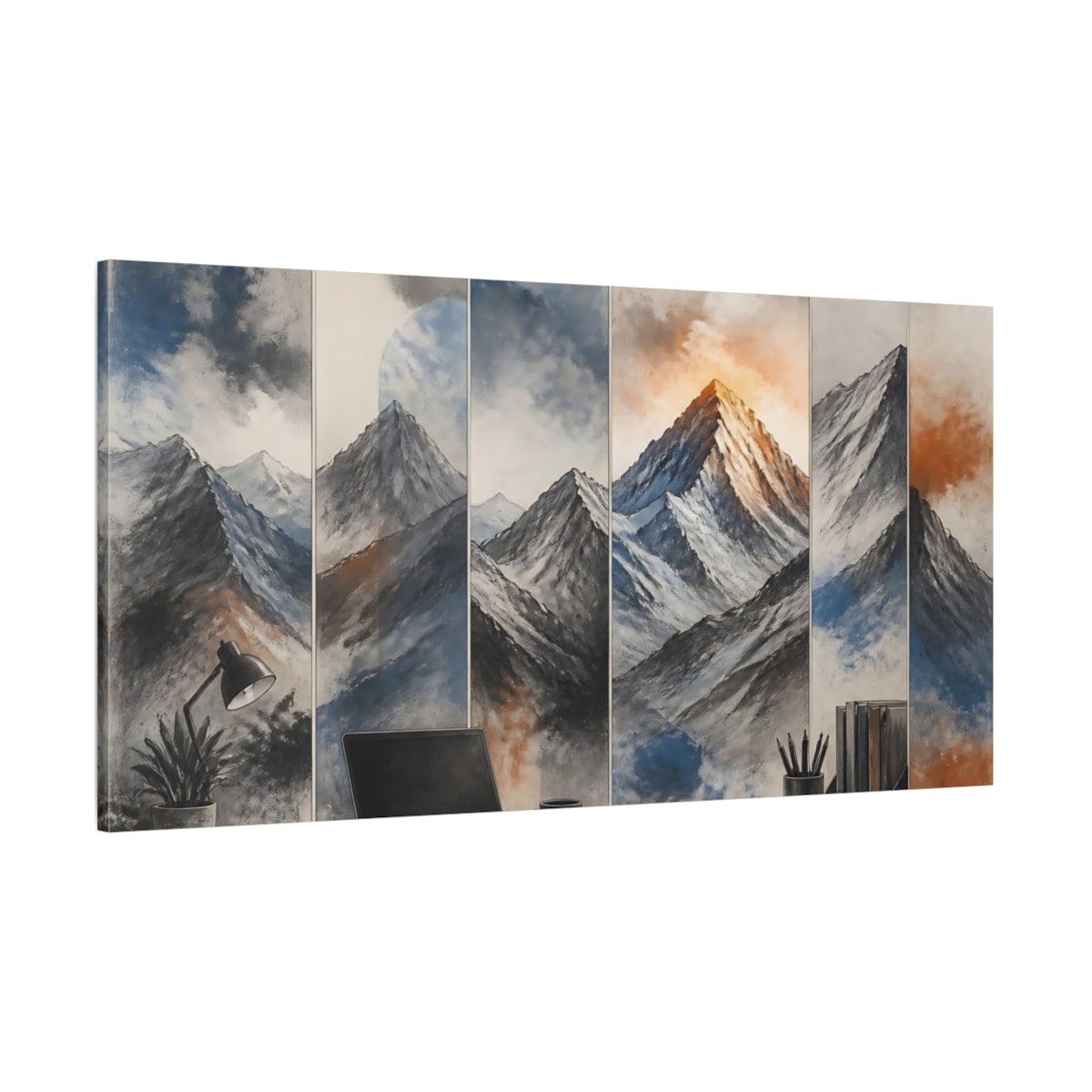 Side Mockup 2. Mountains Beyond Desk shown as canvas print