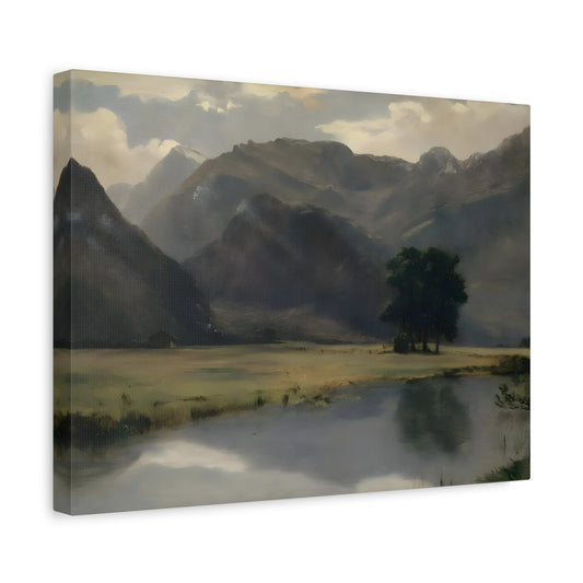 Mountains Landscape with Calm Serene Lake - Framed Stretched Canvas Wall Art Painting Print