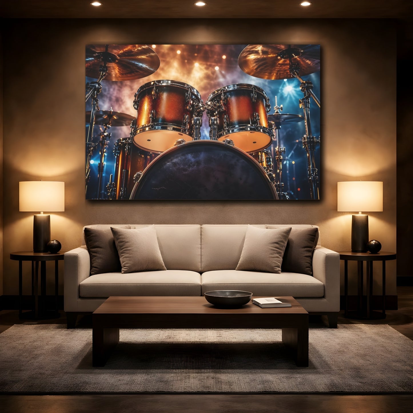 Mockup 2. Movies Drum Set Bronze Gold Drums shown as stretched canvas wall art