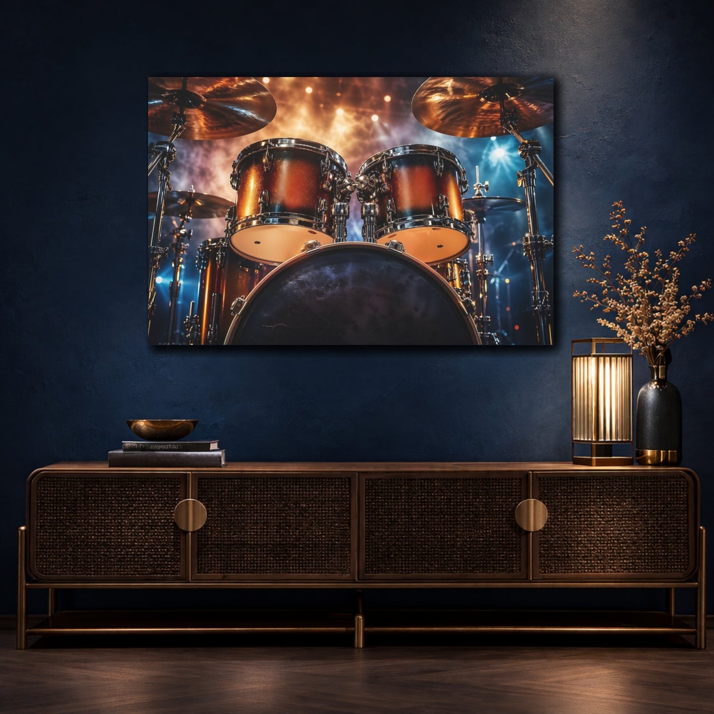 Mockup 4. Movies Drum Set Bronze Gold Drums shown as stretched canvas wall art