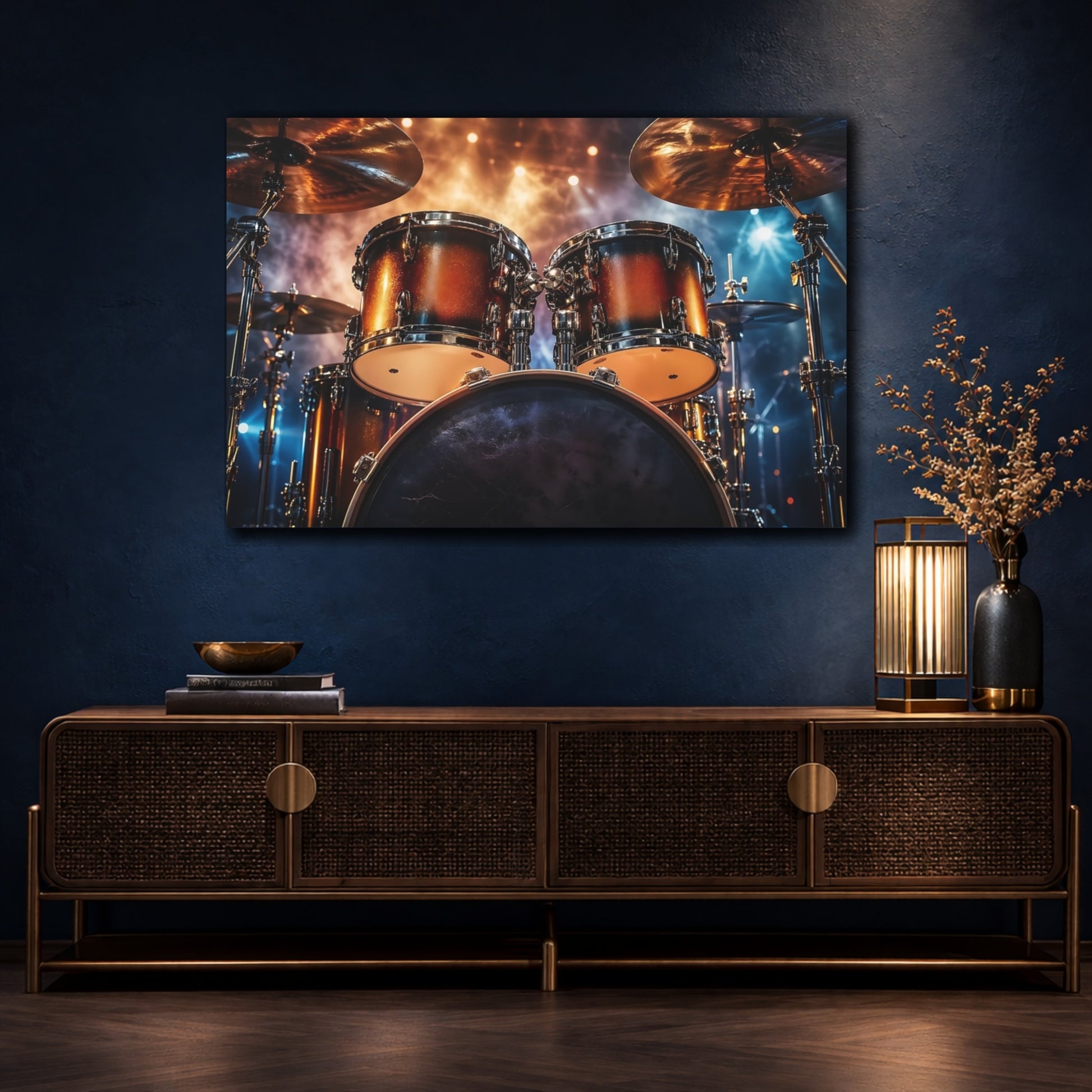 Mockup 4. Movies Drum Set Bronze Gold Drums shown as stretched canvas wall art