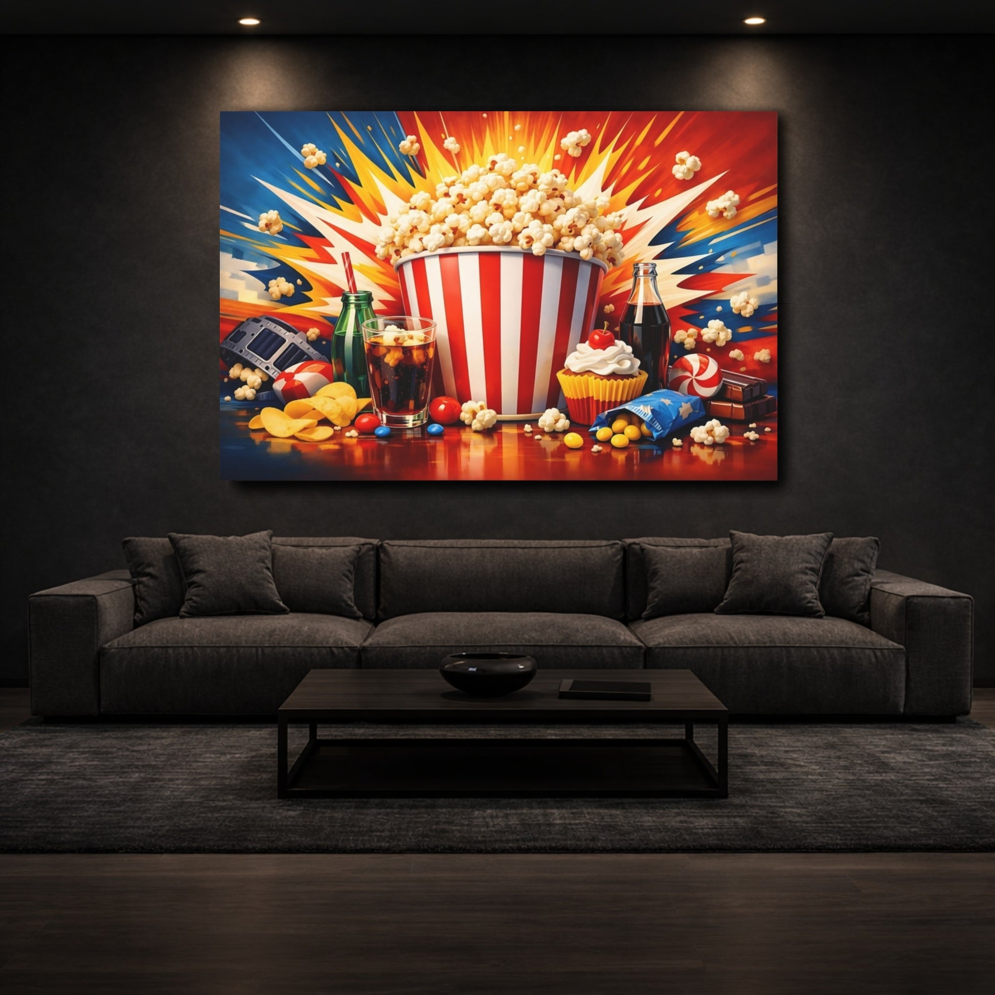 Mockup 2. Movies Movie Snacks Colorful Movie Snacks shown as stretched canvas wall art