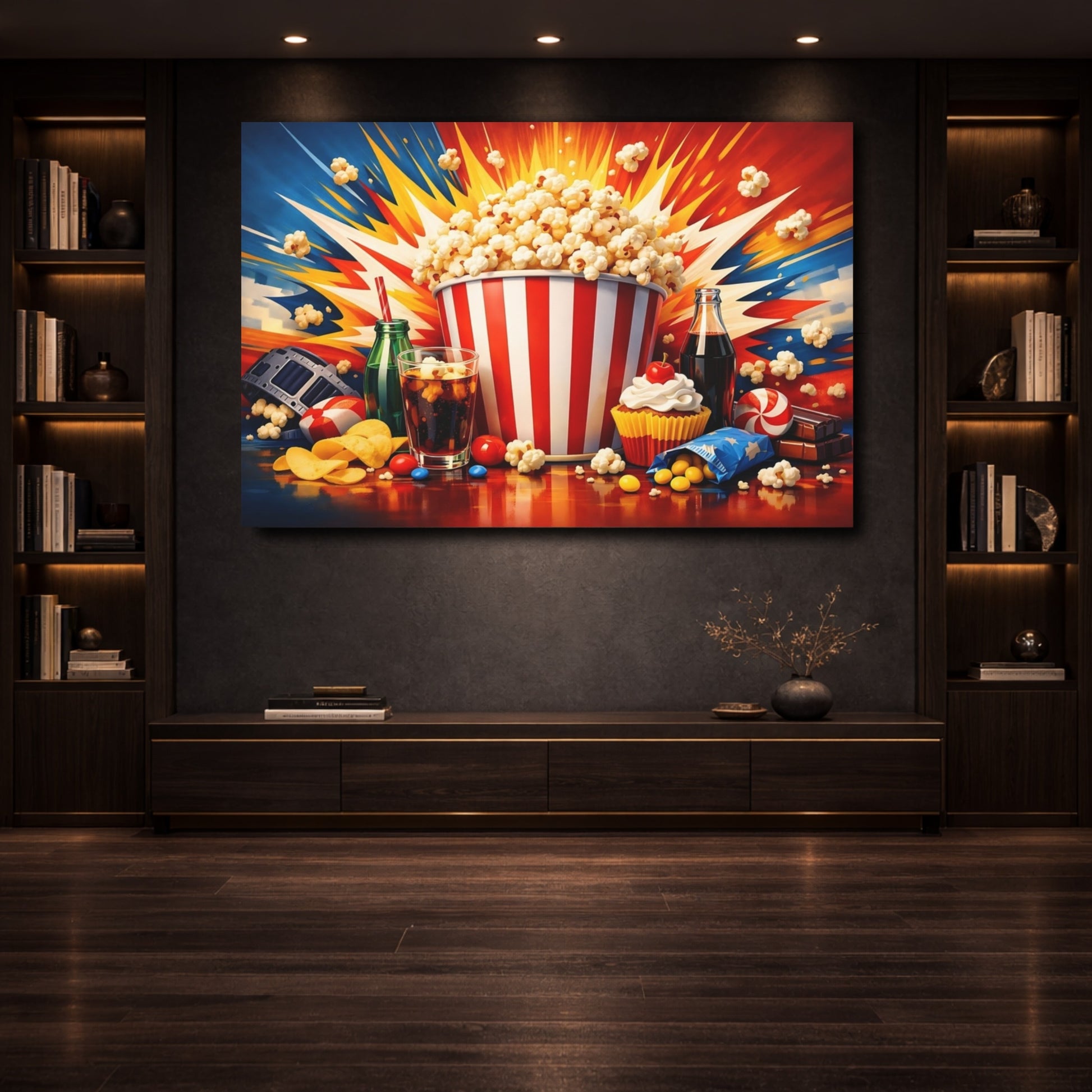 Mockup 3. Movies Movie Snacks Colorful Movie Snacks shown as stretched canvas wall art