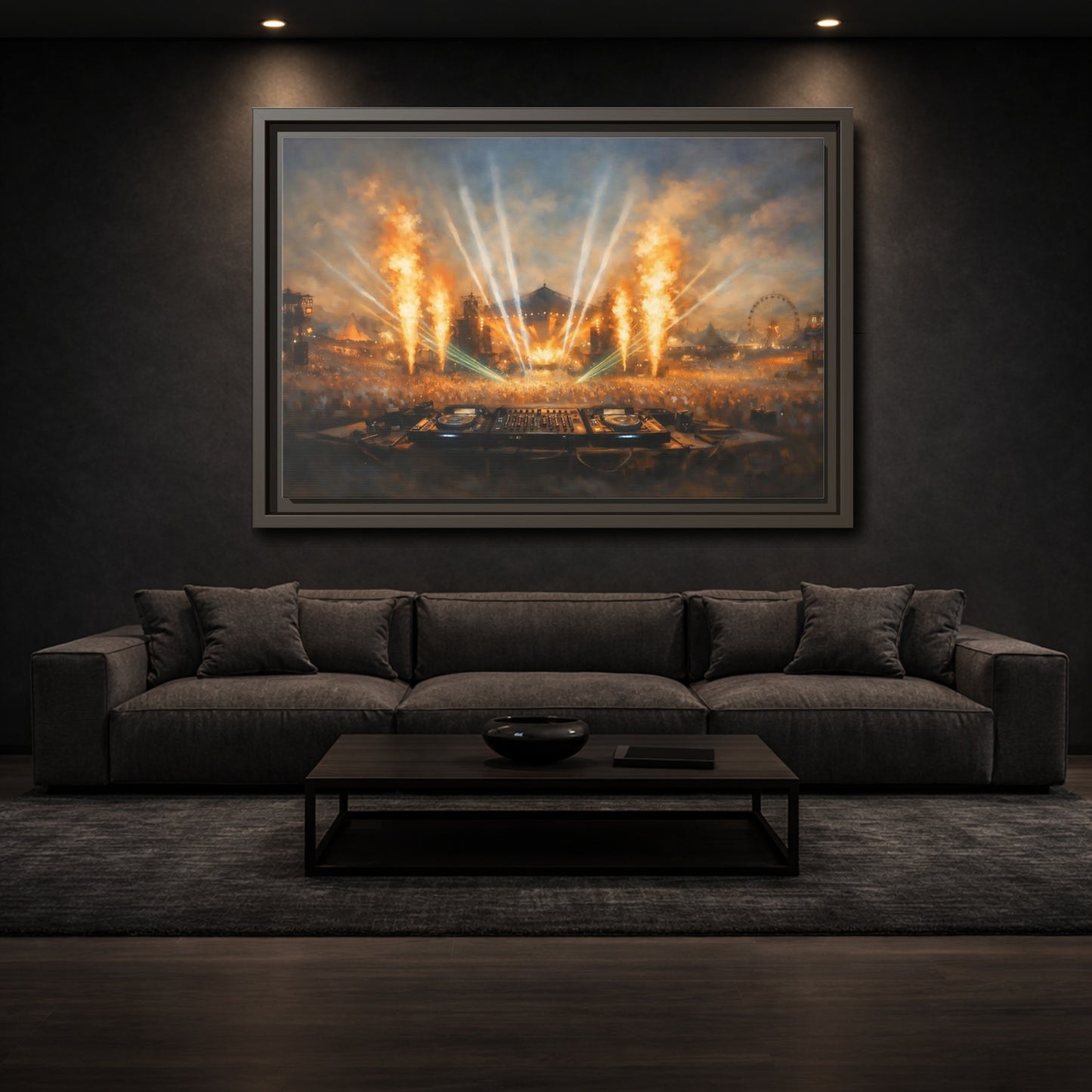 Mockup 2. Movies Music Festival Orange And Blue Concert shown as stretched canvas wall art
