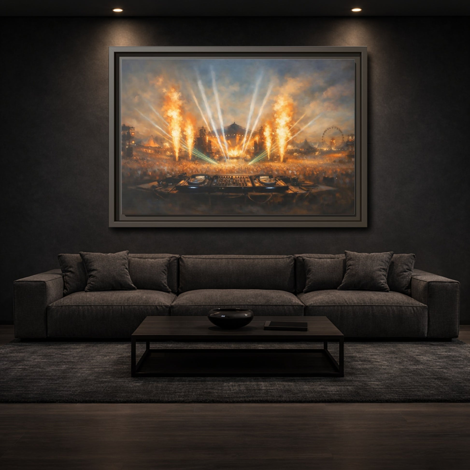 Mockup 2. Movies Music Festival Orange And Blue Concert shown as stretched canvas wall art