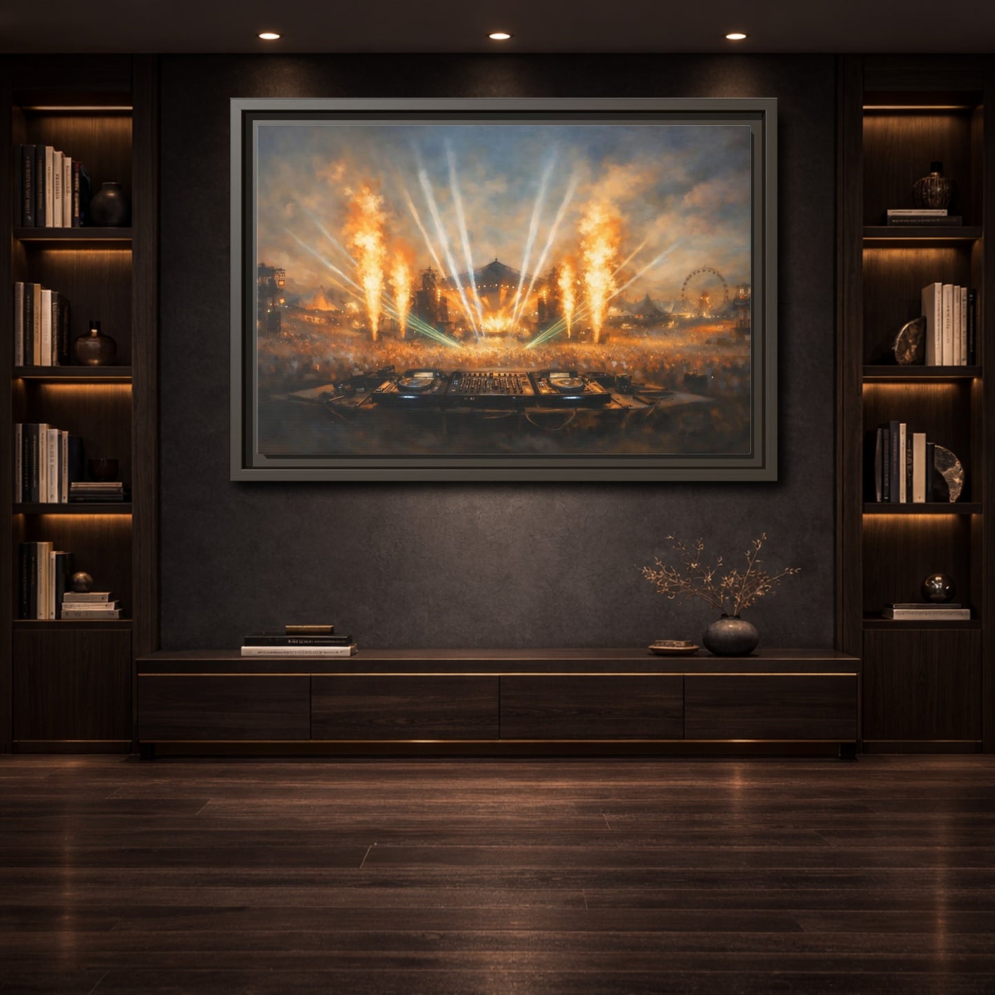 Mockup 3. Movies Music Festival Orange And Blue Concert shown as stretched canvas wall art
