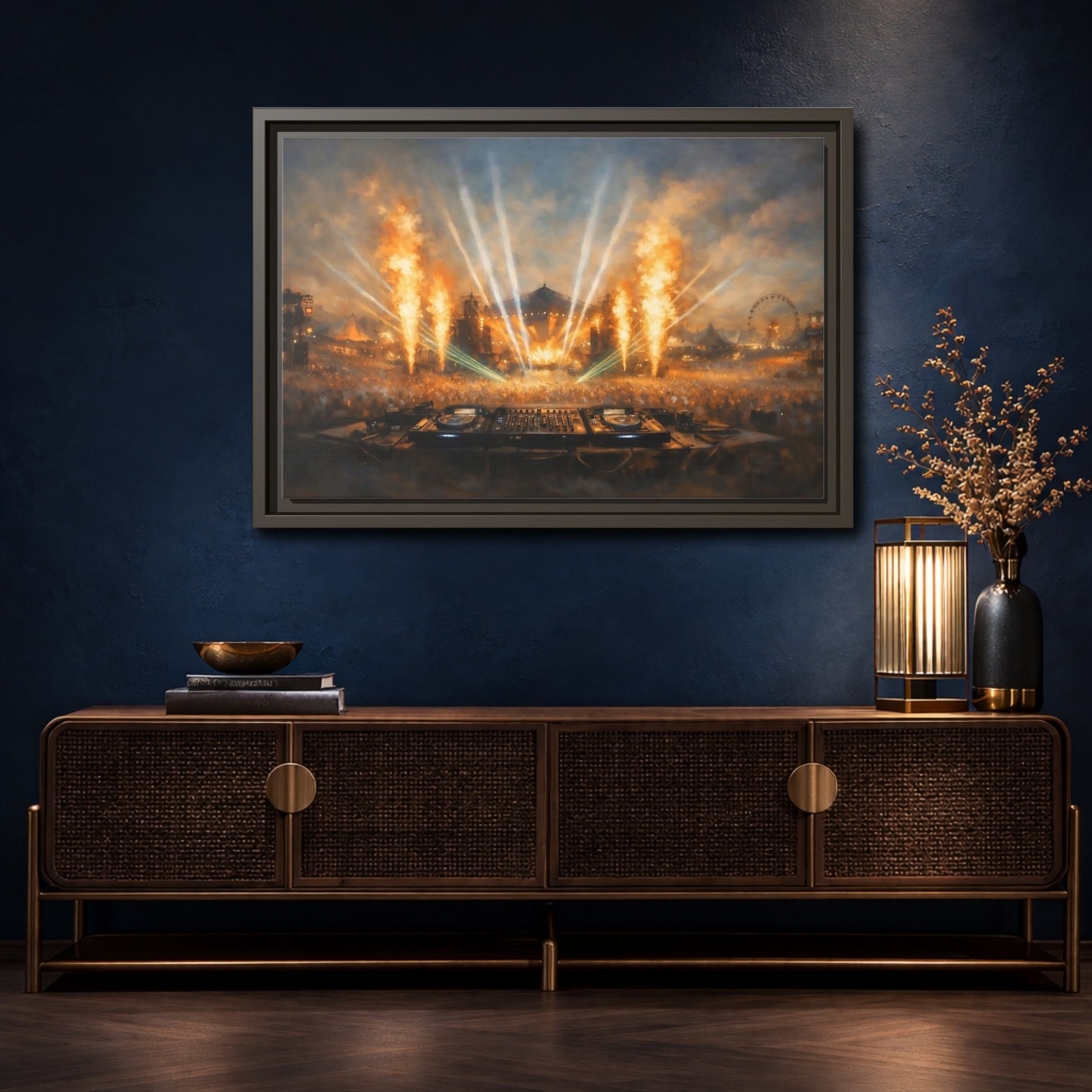 Mockup 4. Movies Music Festival Orange And Blue Concert shown as stretched canvas wall art