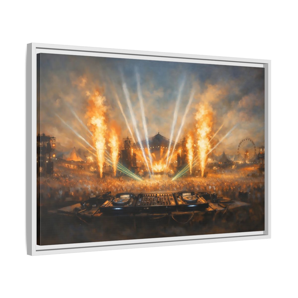 Side Mockup 10. Movies Music Festival Orange And Blue Concert shown as stretched canvas wall art
