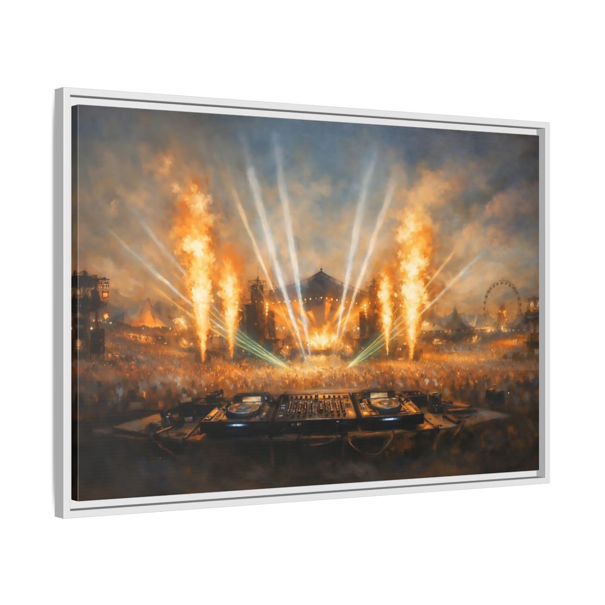 Side Mockup 8. Movies Music Festival Orange And Blue Concert shown as stretched canvas wall art