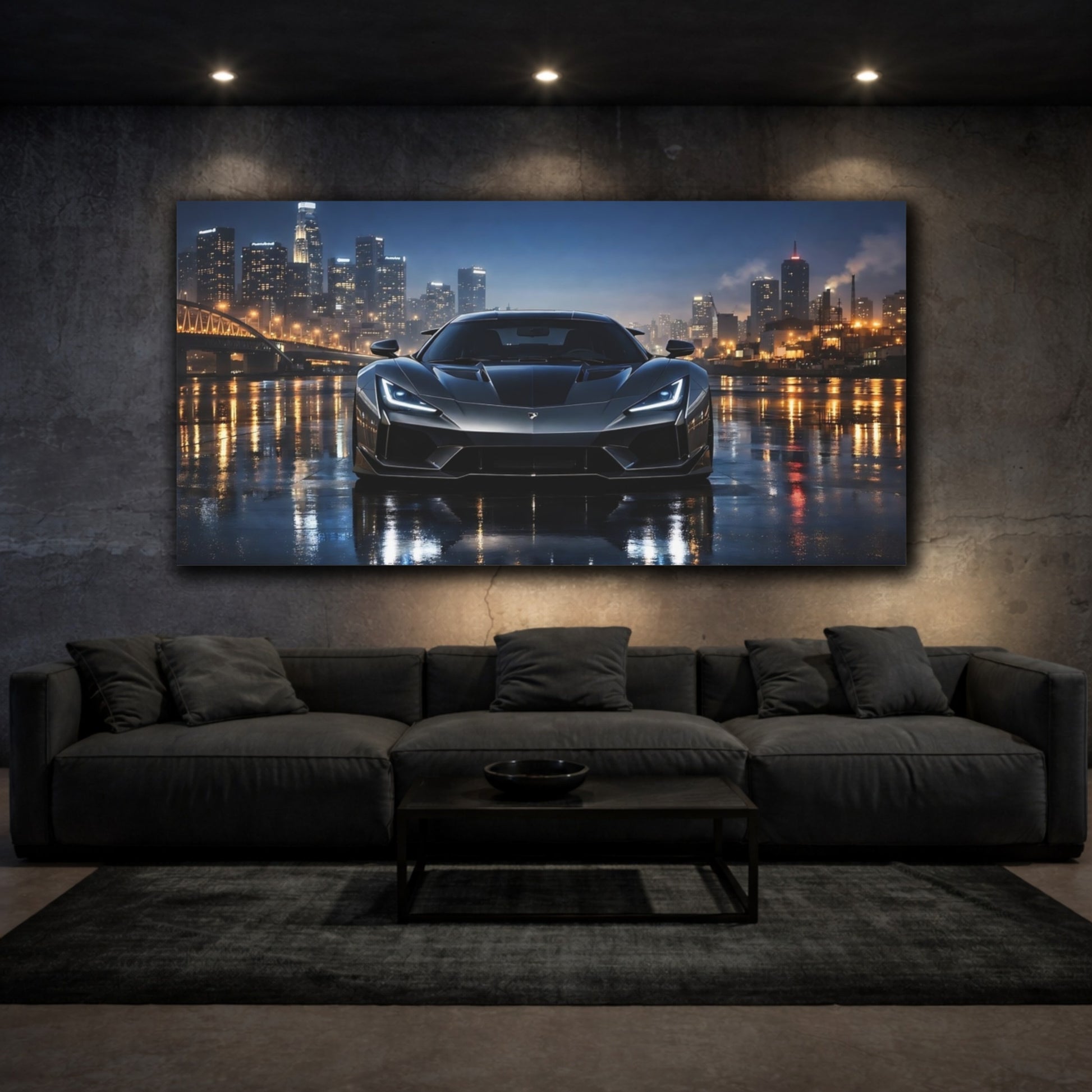 Mockup 2. Movies Sports Car Grey Car City shown as stretched canvas wall art