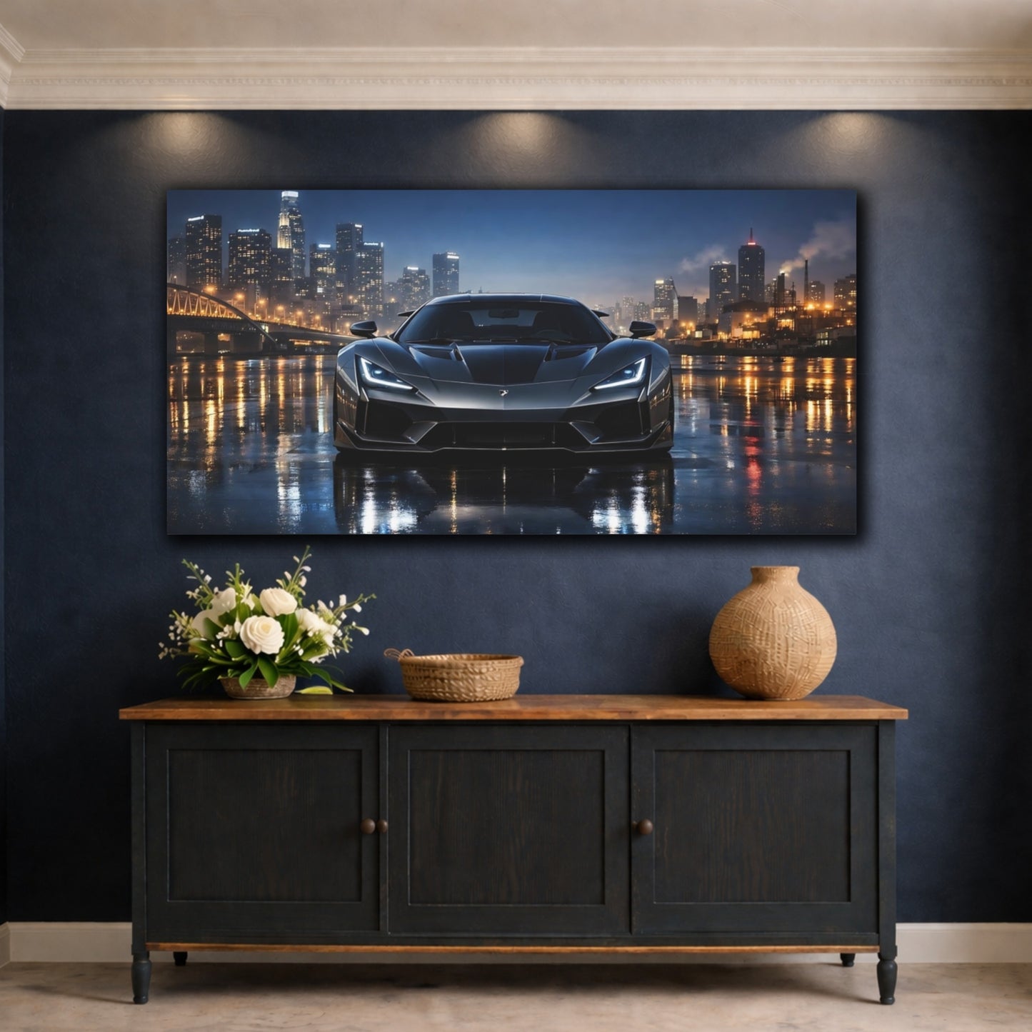 Mockup 4. Movies Sports Car Grey Car City shown as stretched canvas wall art