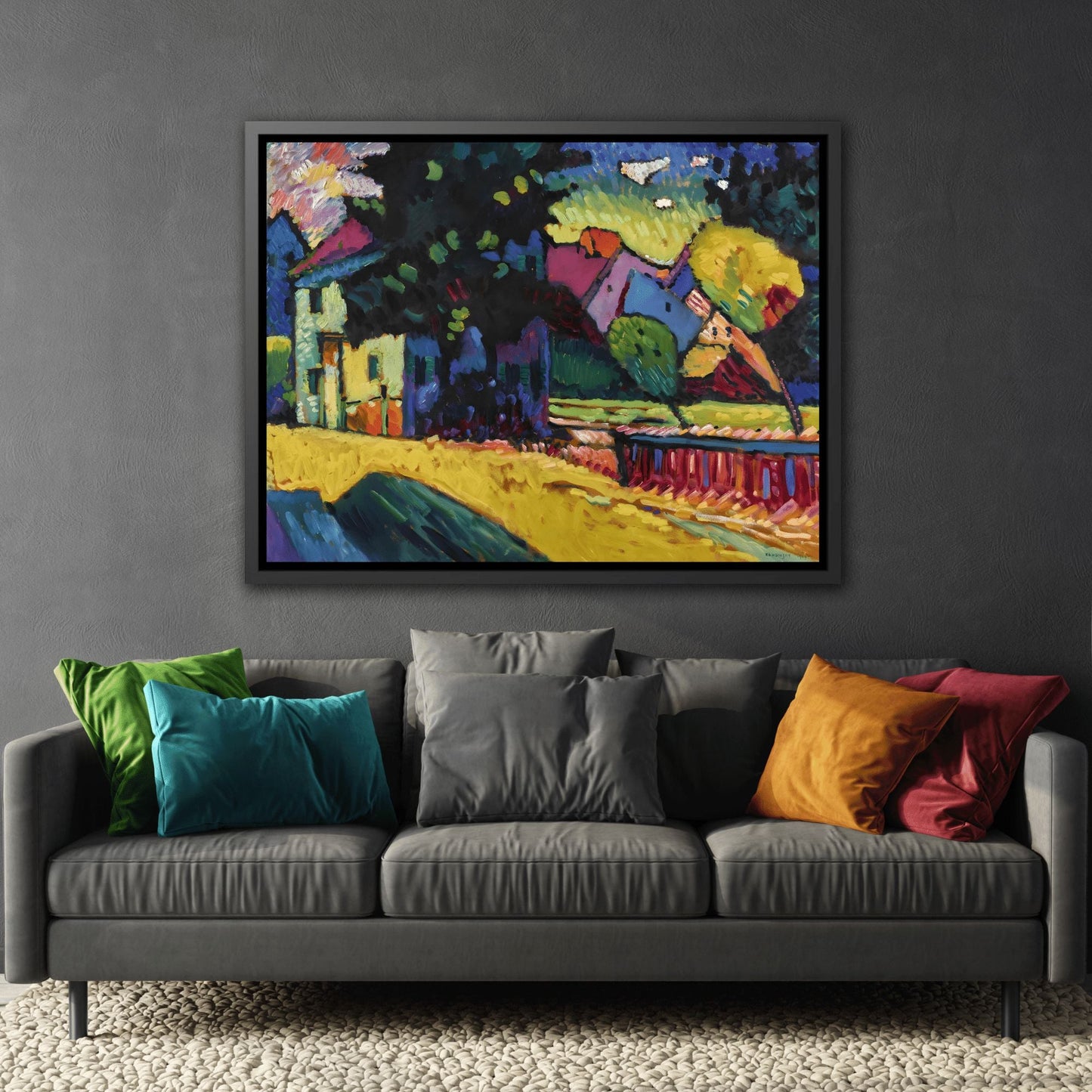 Murnau Landscape with Green House - Framed Kandinsky Canvas Art Reproduction