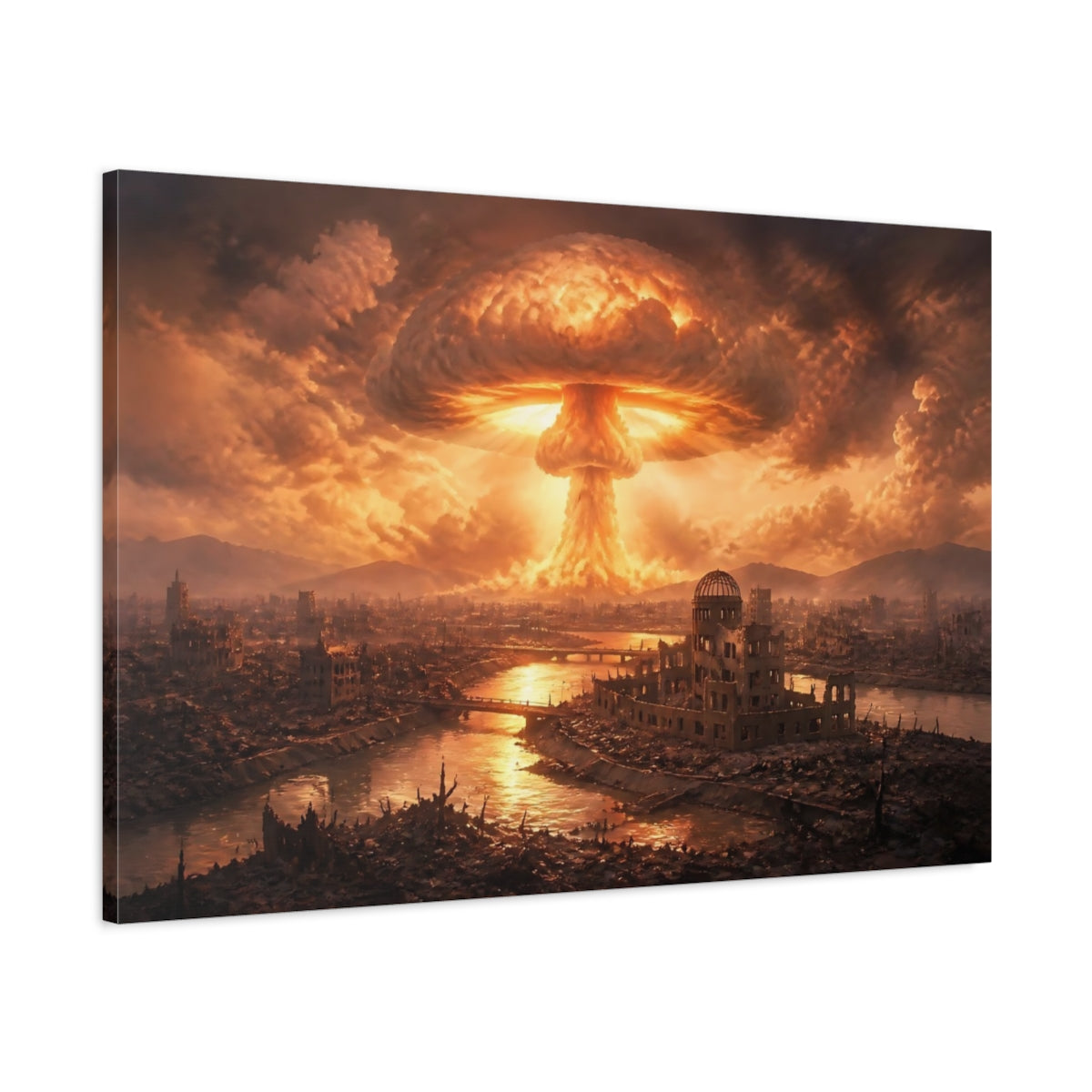 Main Mockup. Mushroom Cloud Over Ruins shown as canvas print