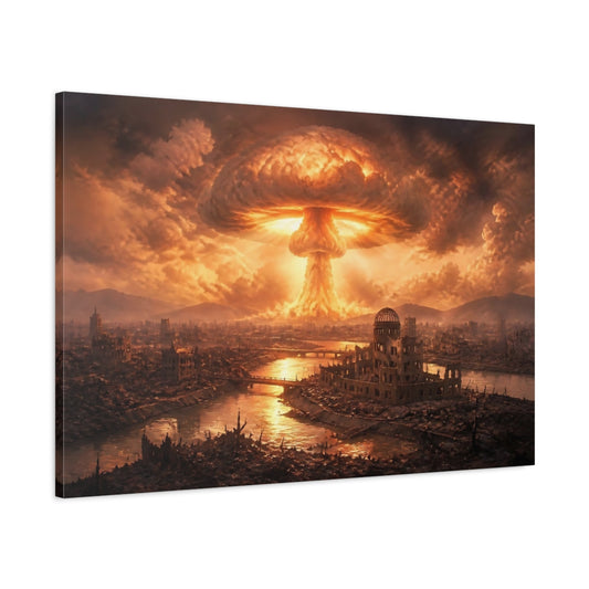 Main Mockup. Mushroom Cloud Over Ruins shown as canvas print
