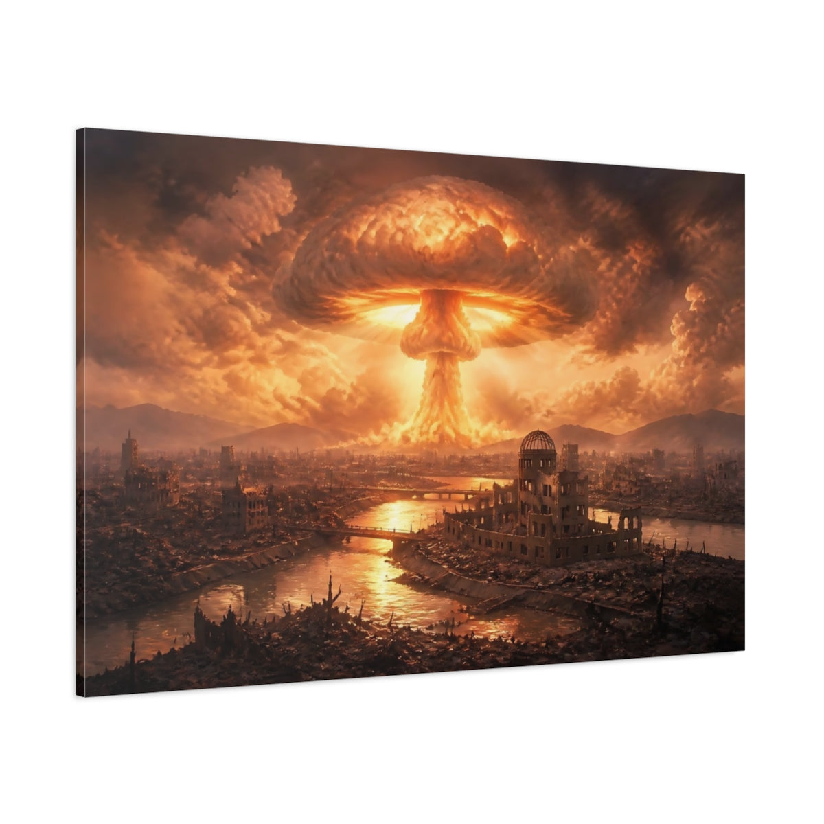 Side Mockup 1. Mushroom Cloud Over Ruins shown as canvas print