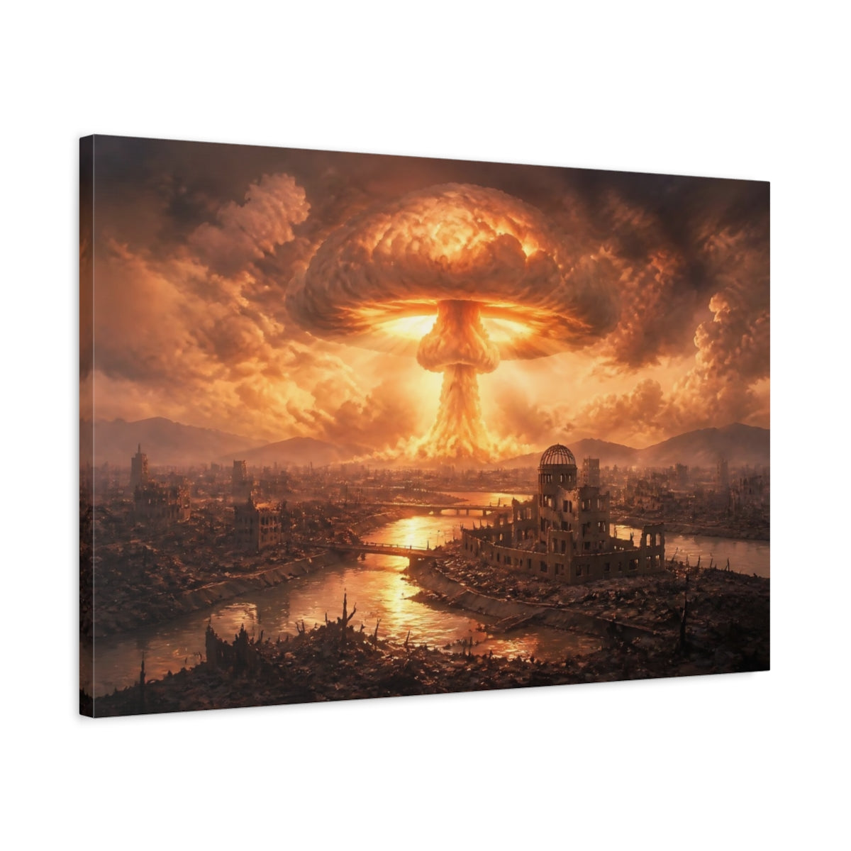 Side Mockup 2. Mushroom Cloud Over Ruins shown as canvas print
