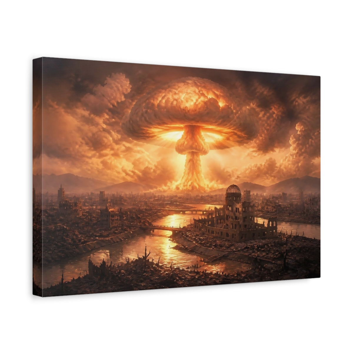 Side Mockup 4. Mushroom Cloud Over Ruins shown as canvas print