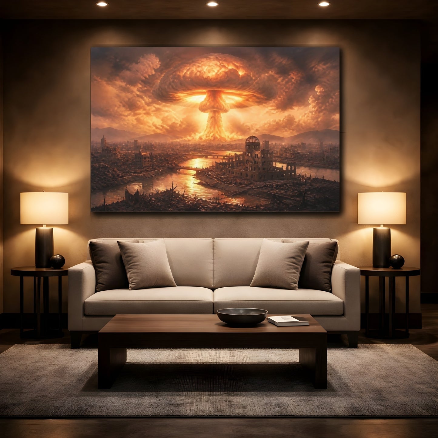 Mockup 2. Mushroom Cloud Over Ruins shown as canvas print