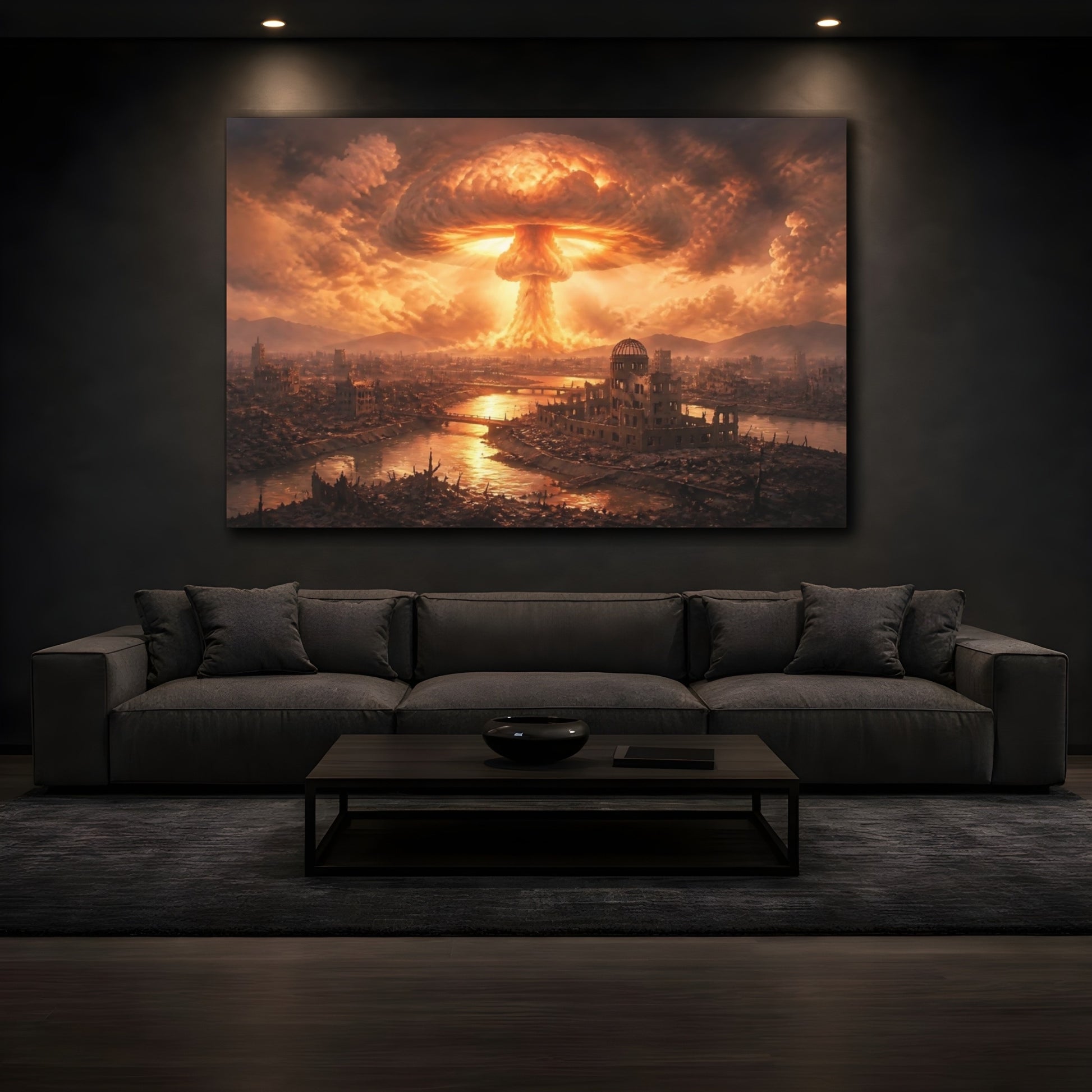 Mockup 3. Mushroom Cloud Over Ruins shown as canvas print