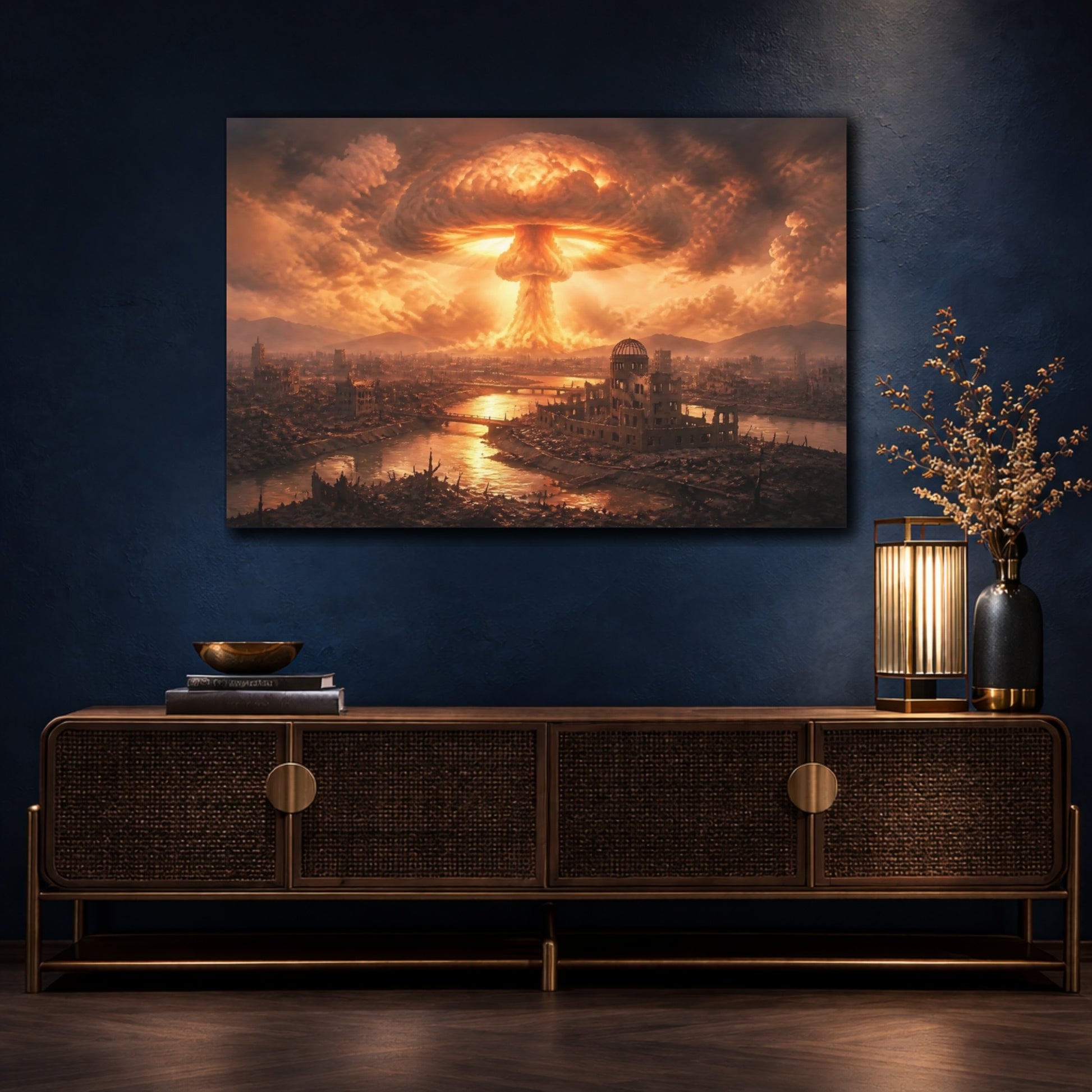 Mockup 4. Mushroom Cloud Over Ruins shown as canvas print