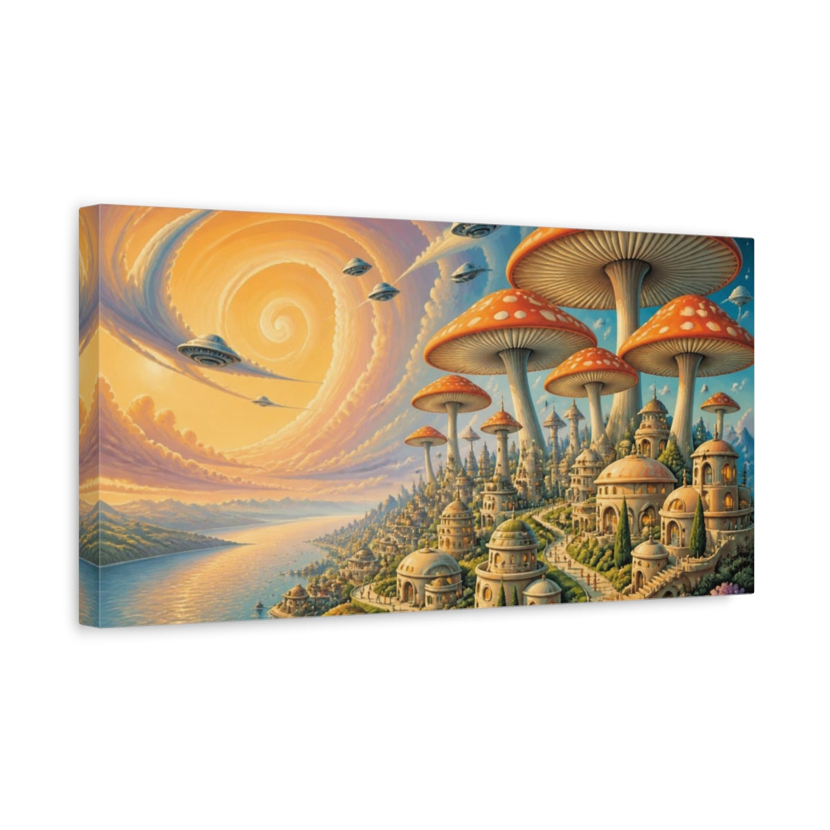 Side Mockup 3. Mushroom Umbrella City shown as canvas print