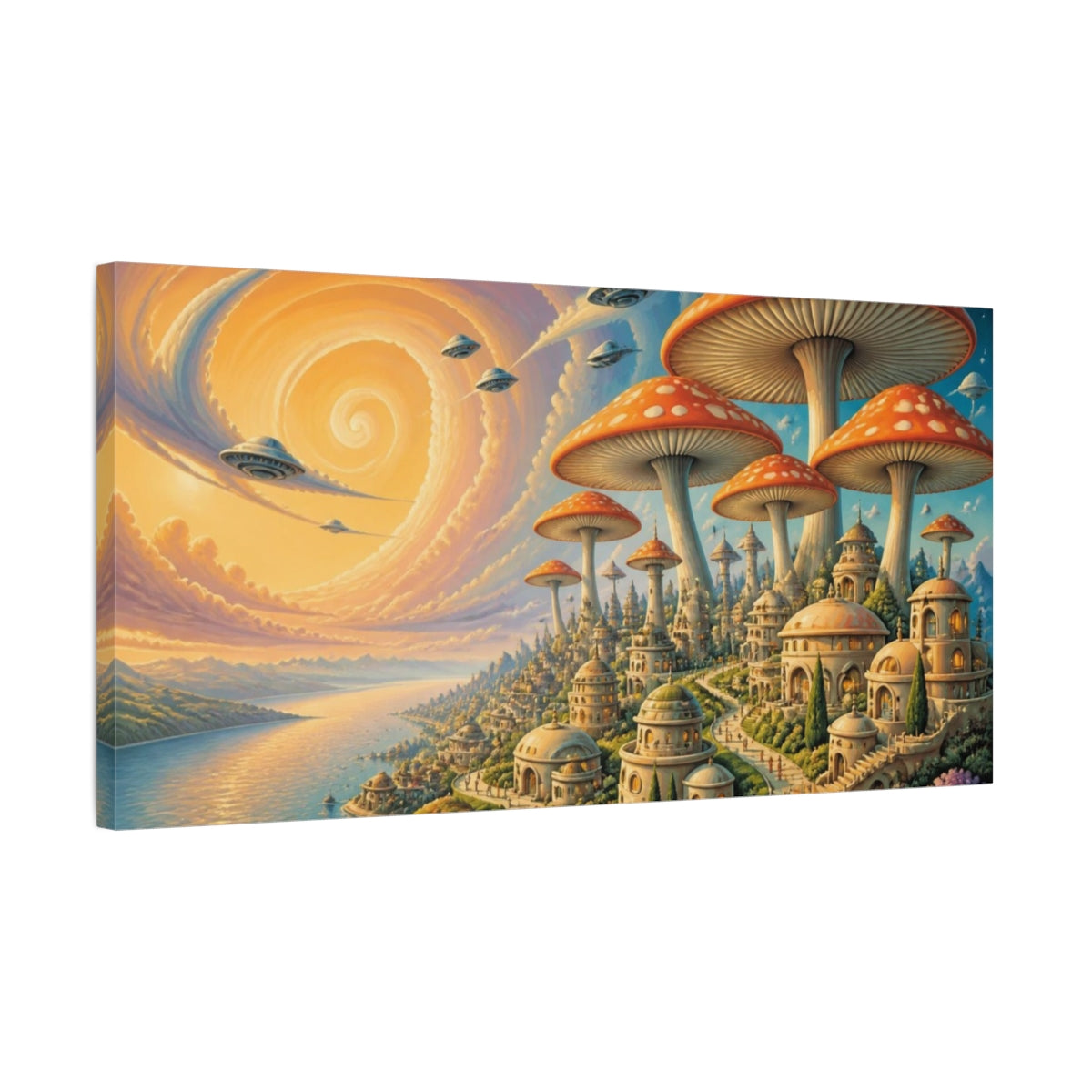 Side Mockup 1. Mushroom Umbrella City shown as canvas print