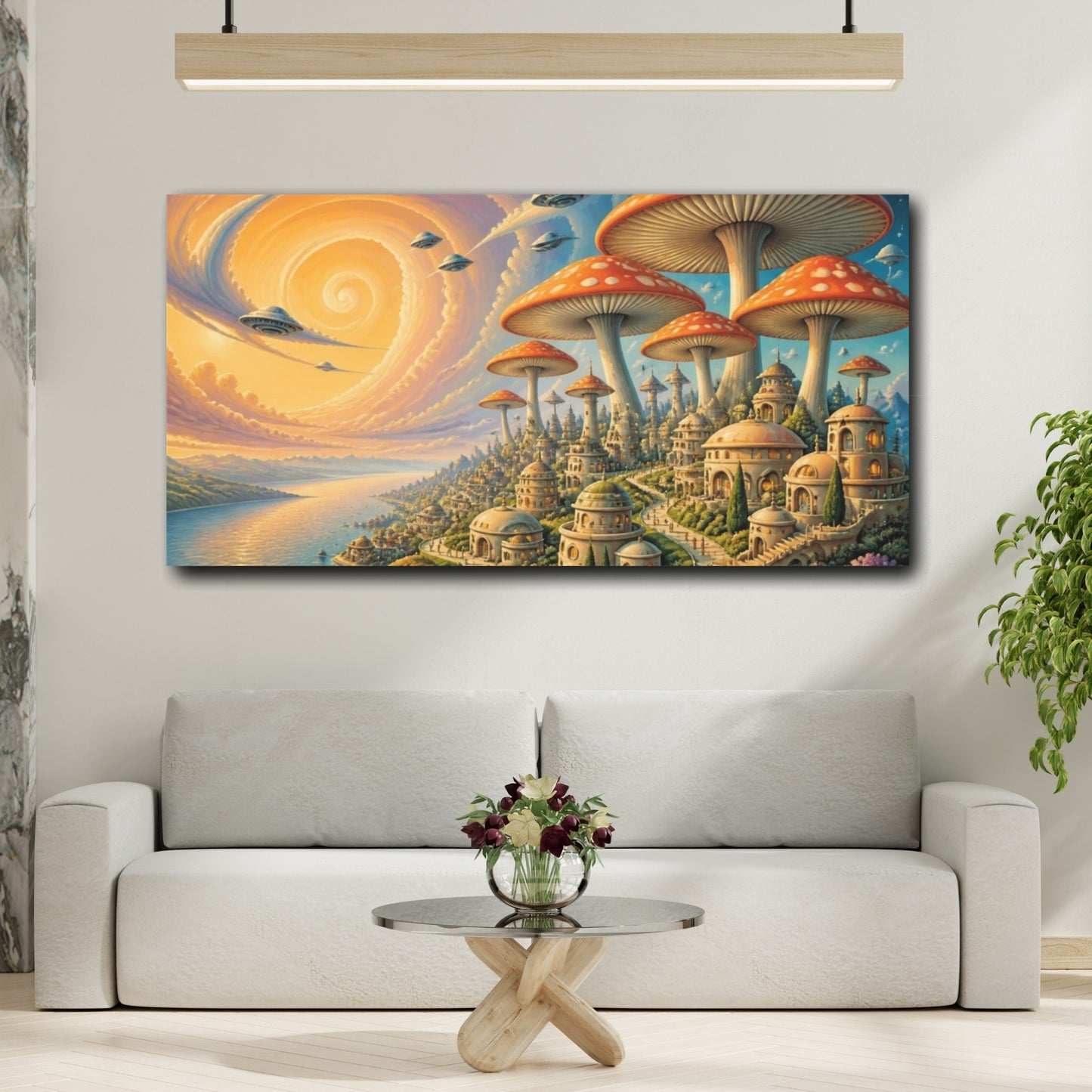 Mockup 2. Mushroom Umbrella City shown as canvas print