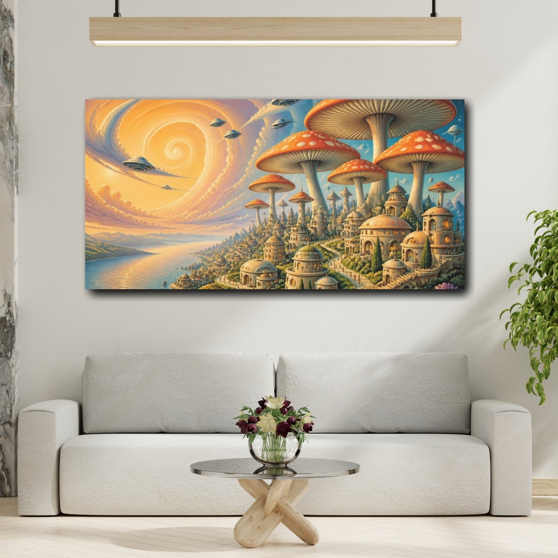 Mockup 2. Mushroom Umbrella City shown as canvas print