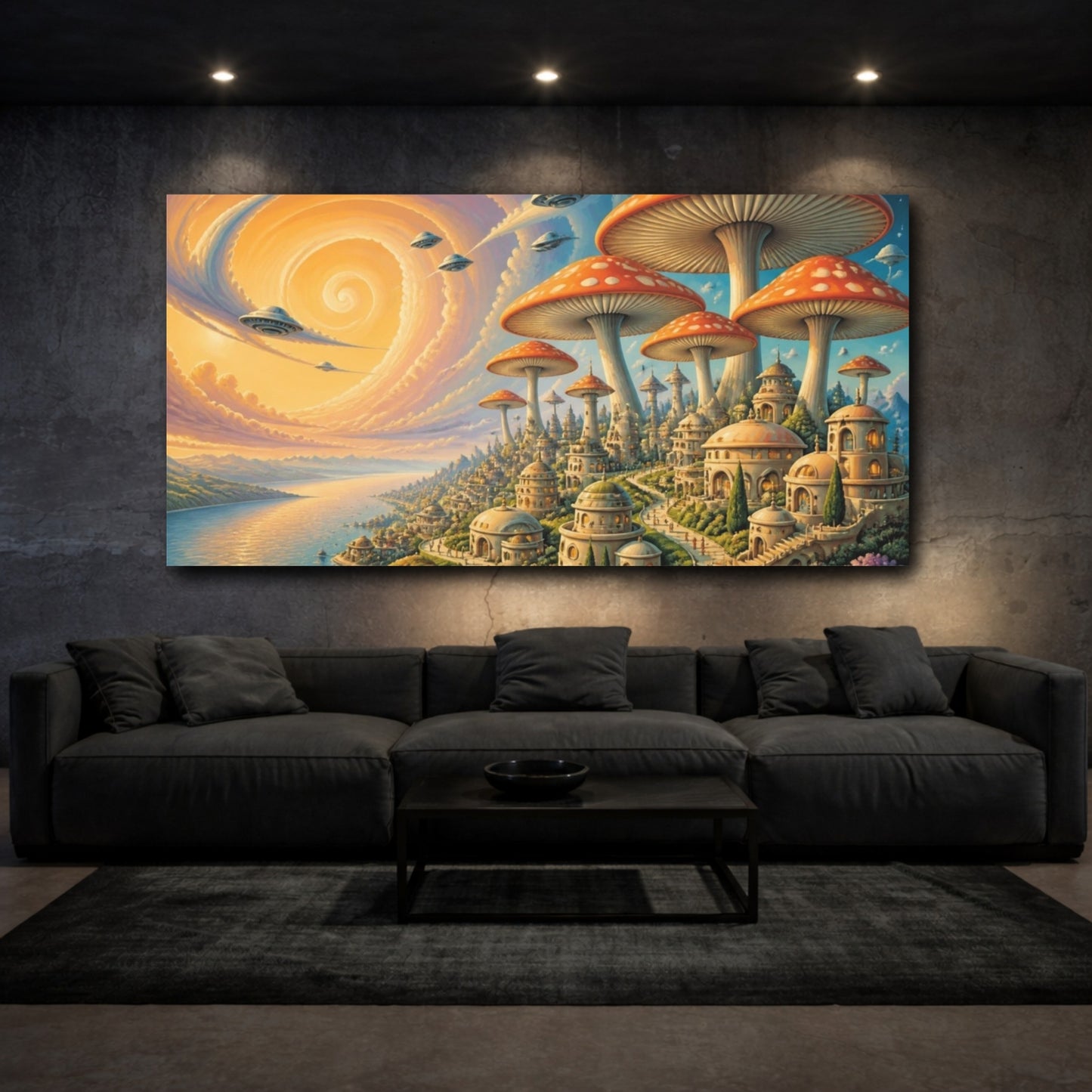 Mockup 3. Mushroom Umbrella City shown as canvas print