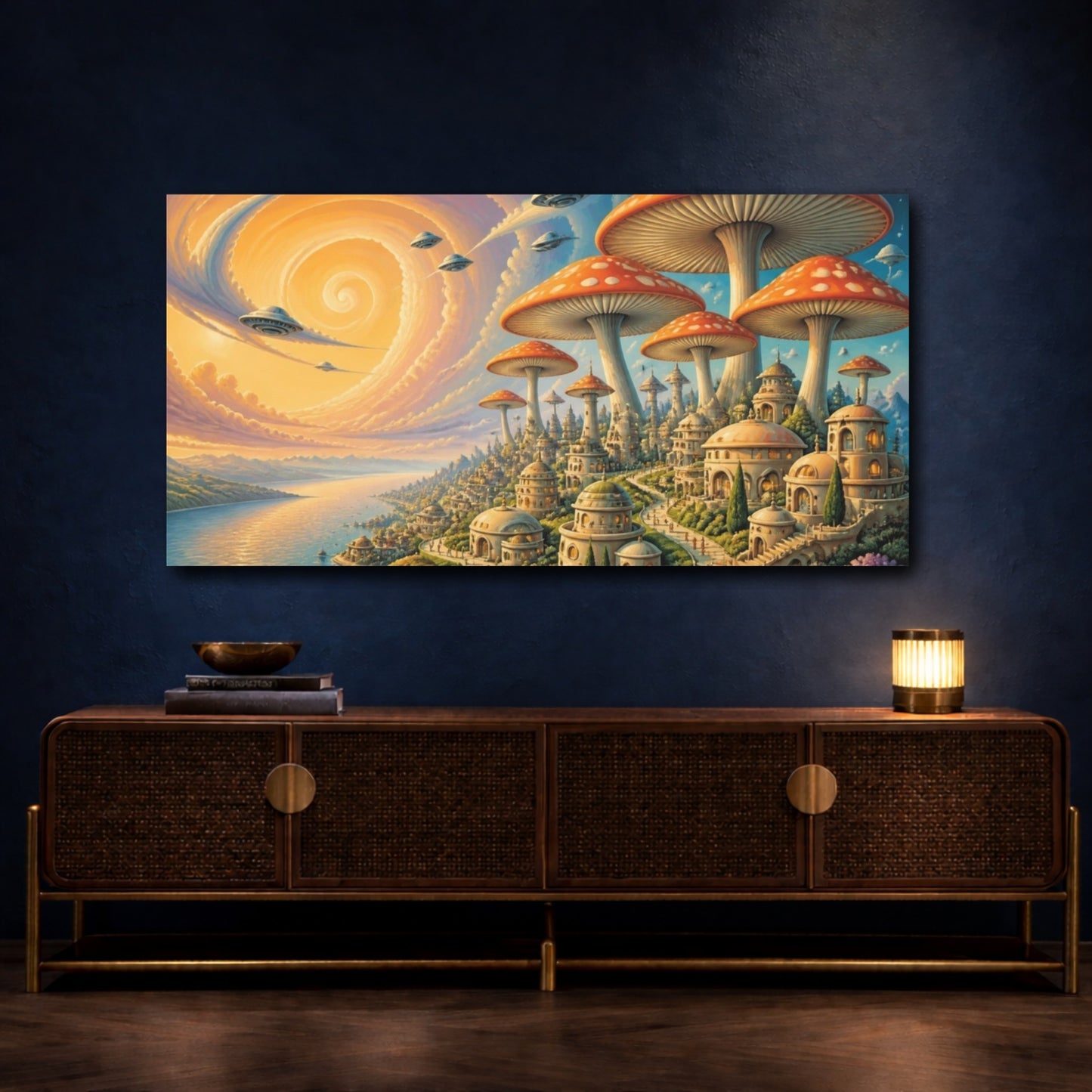 Mockup 4. Mushroom Umbrella City shown as canvas print