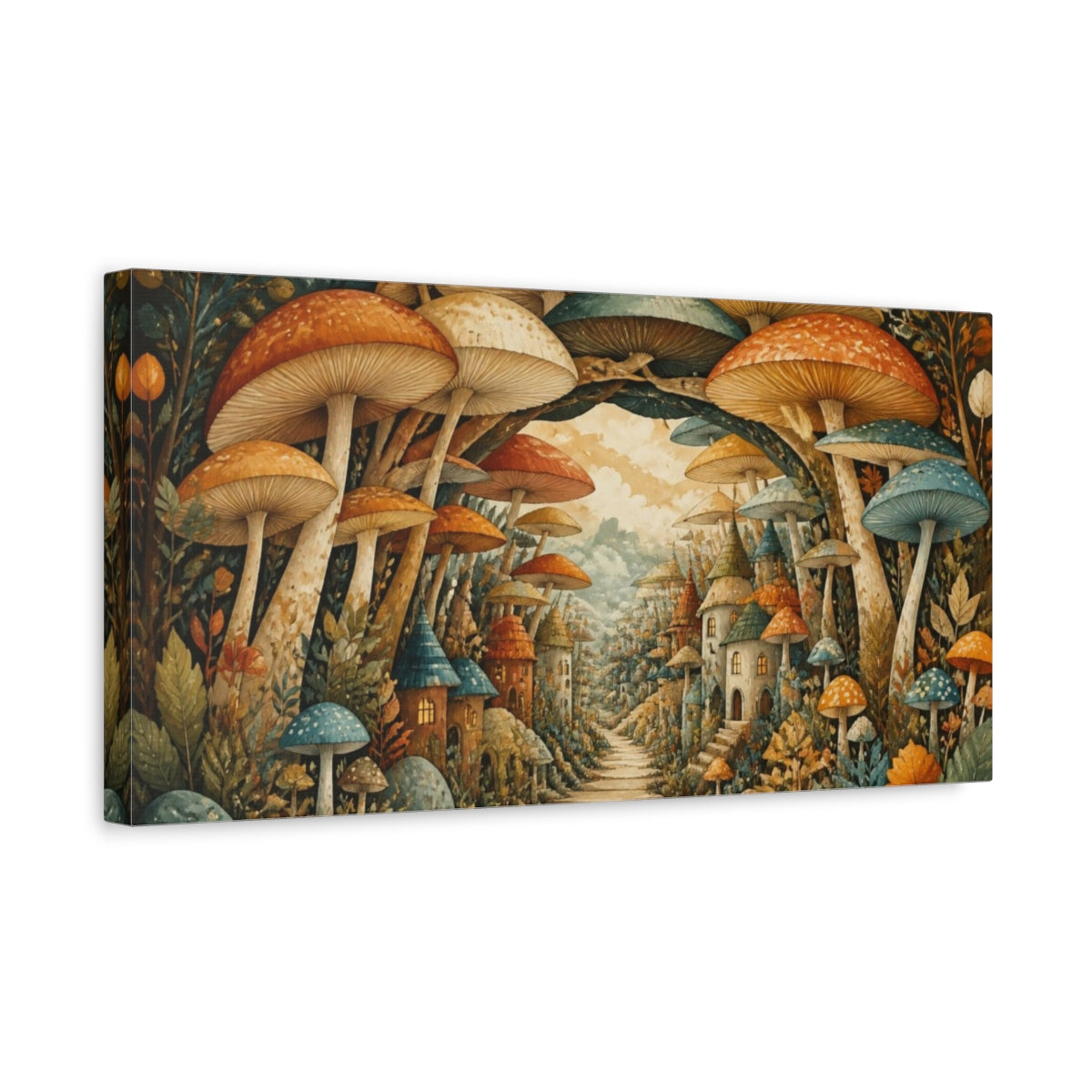 Side Mockup 3. Mushroom Village Pathway shown as canvas print