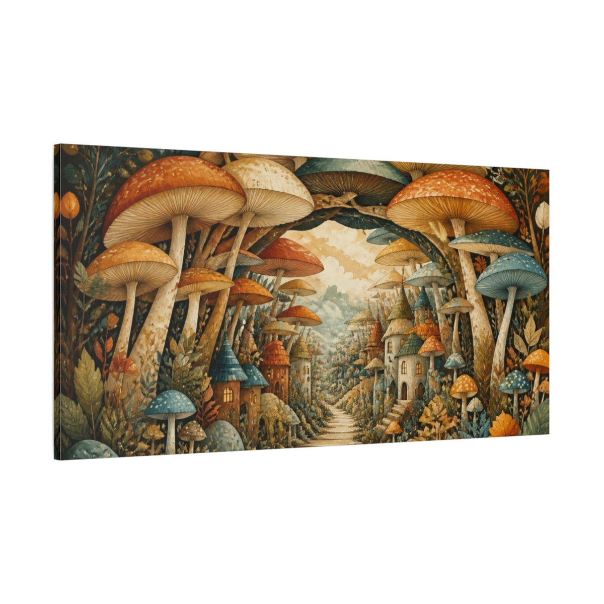 Side Mockup 2. Mushroom Village Pathway shown as canvas print