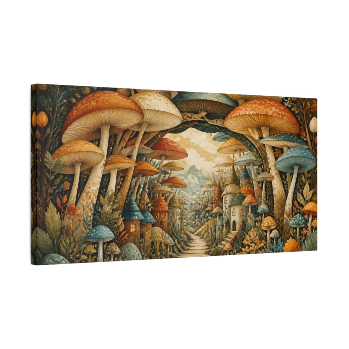 Side Mockup 1. Mushroom Village Pathway shown as canvas print