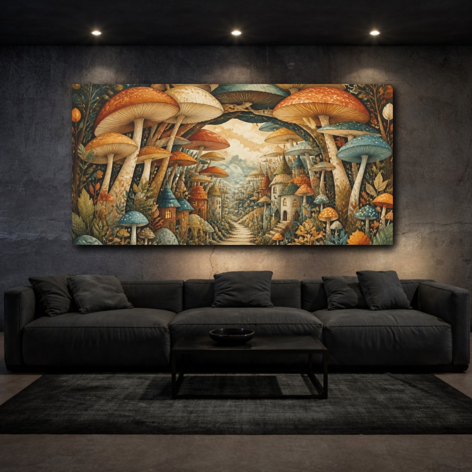 Mockup 3. Mushroom Village Pathway shown as canvas print