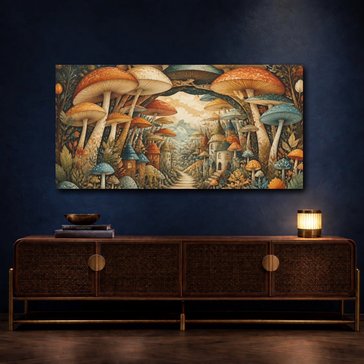 Mockup 4. Mushroom Village Pathway shown as canvas print
