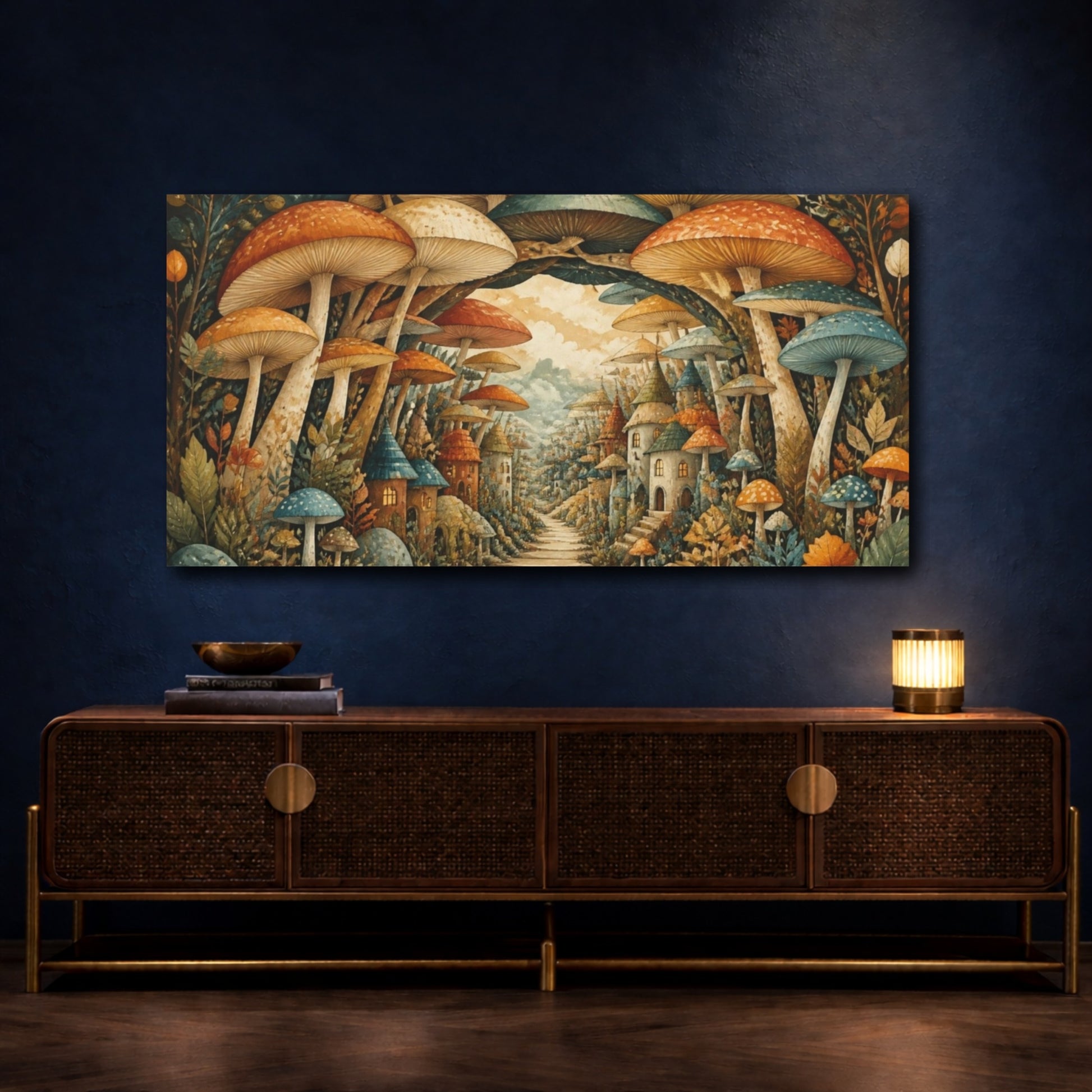 Mockup 4. Mushroom Village Pathway shown as canvas print