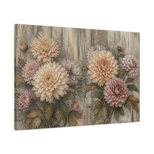 Main Mockup. Muted Chrysanthemums On Wood shown as canvas print