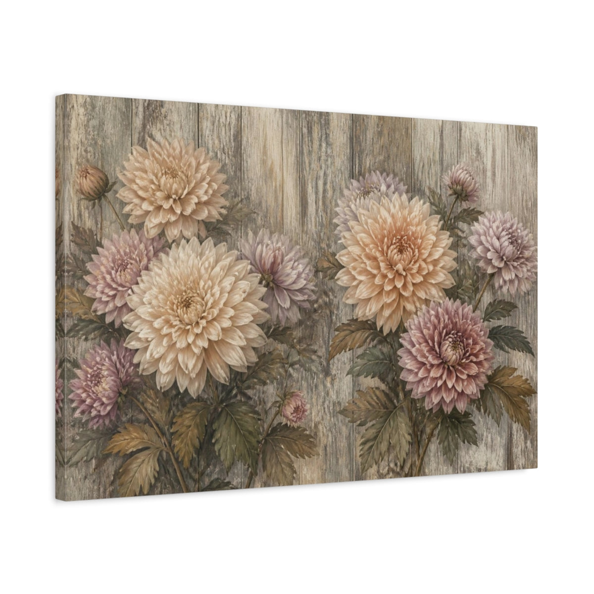 Side Mockup 2. Muted Chrysanthemums On Wood shown as canvas print
